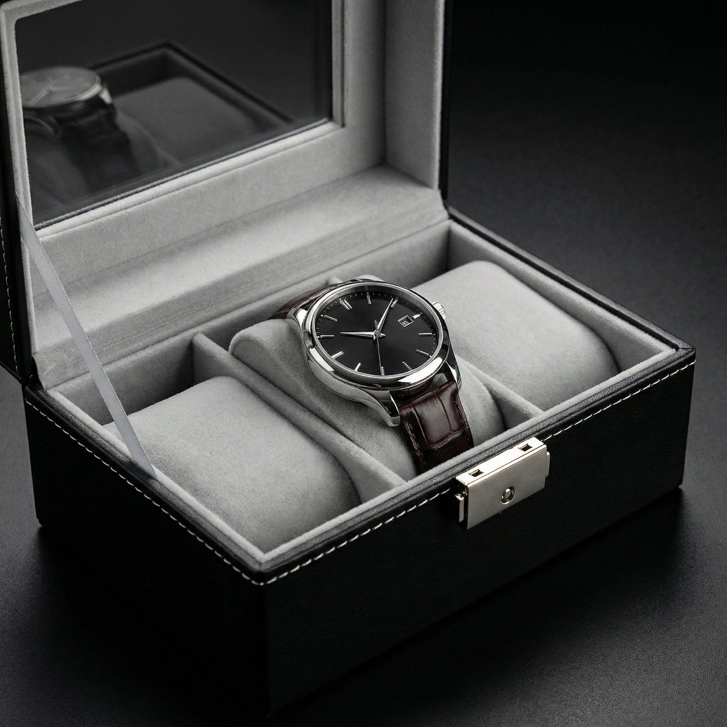 Uhrenbox für 3 Uhren PU Black / Grey Samt