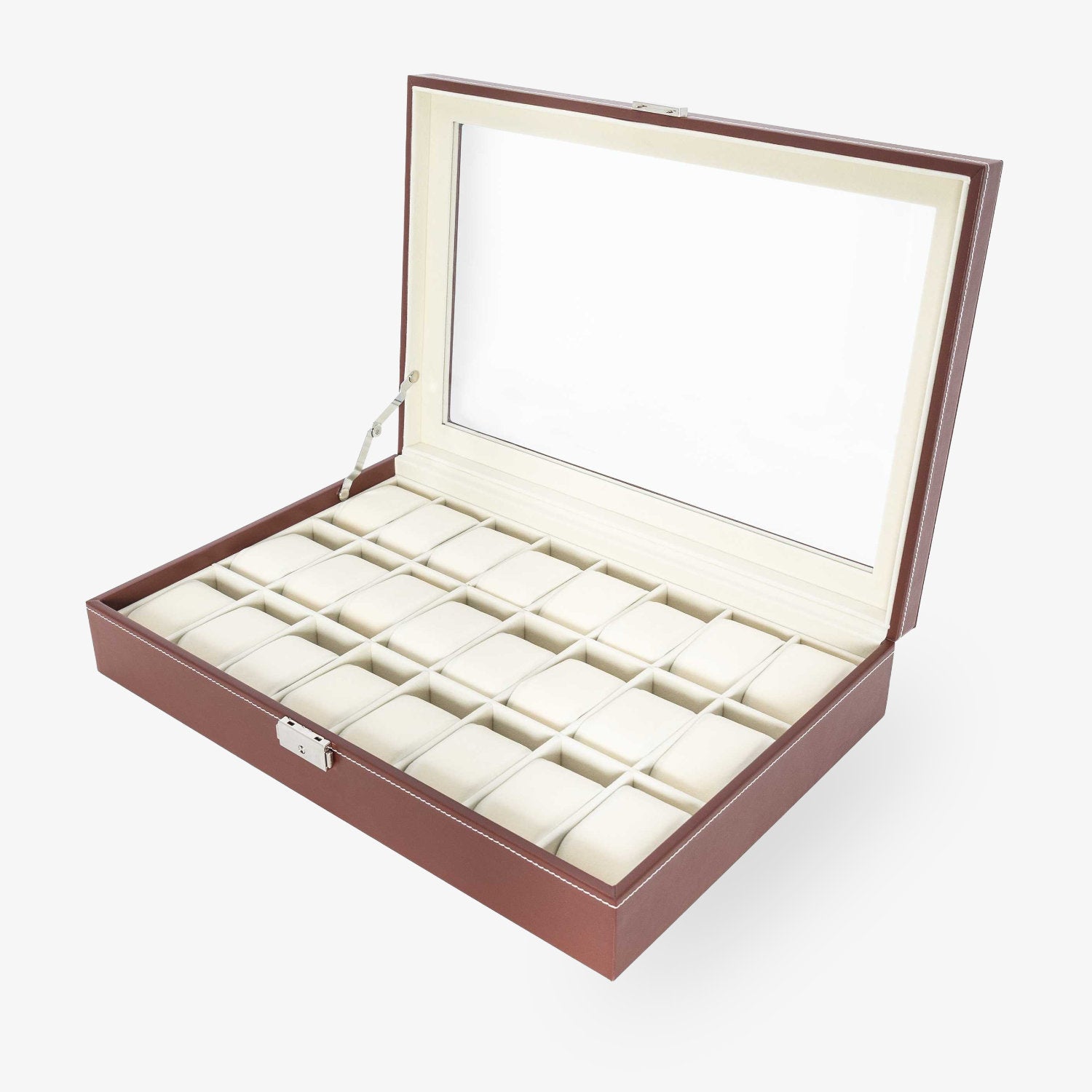 Scatola porta orologi per 24 orologi, PU marrone scuro / velluto beige