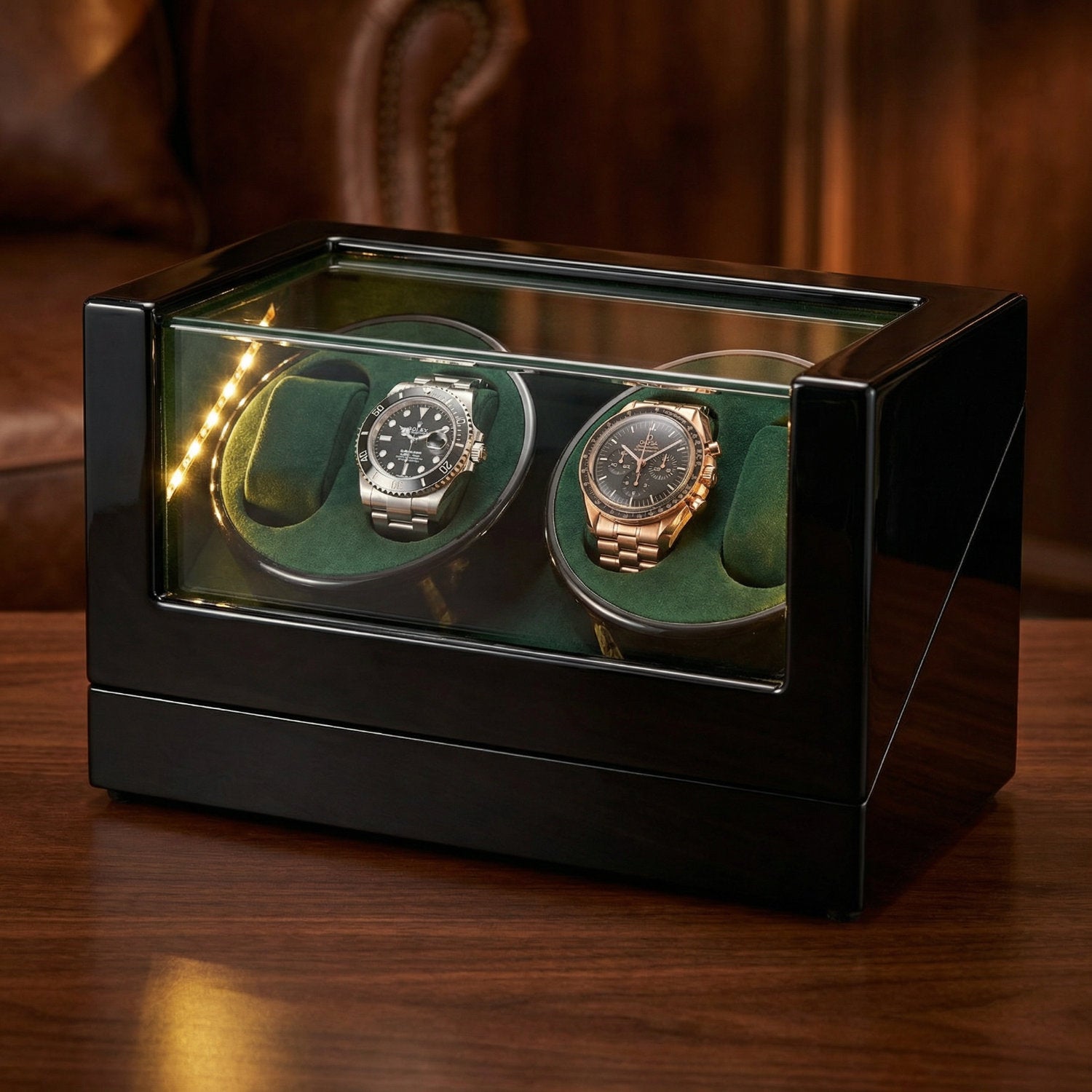 Caricatore per 4 orologi «Kubus» 2/4 Nero pianoforte / Verde oliva velluto LED