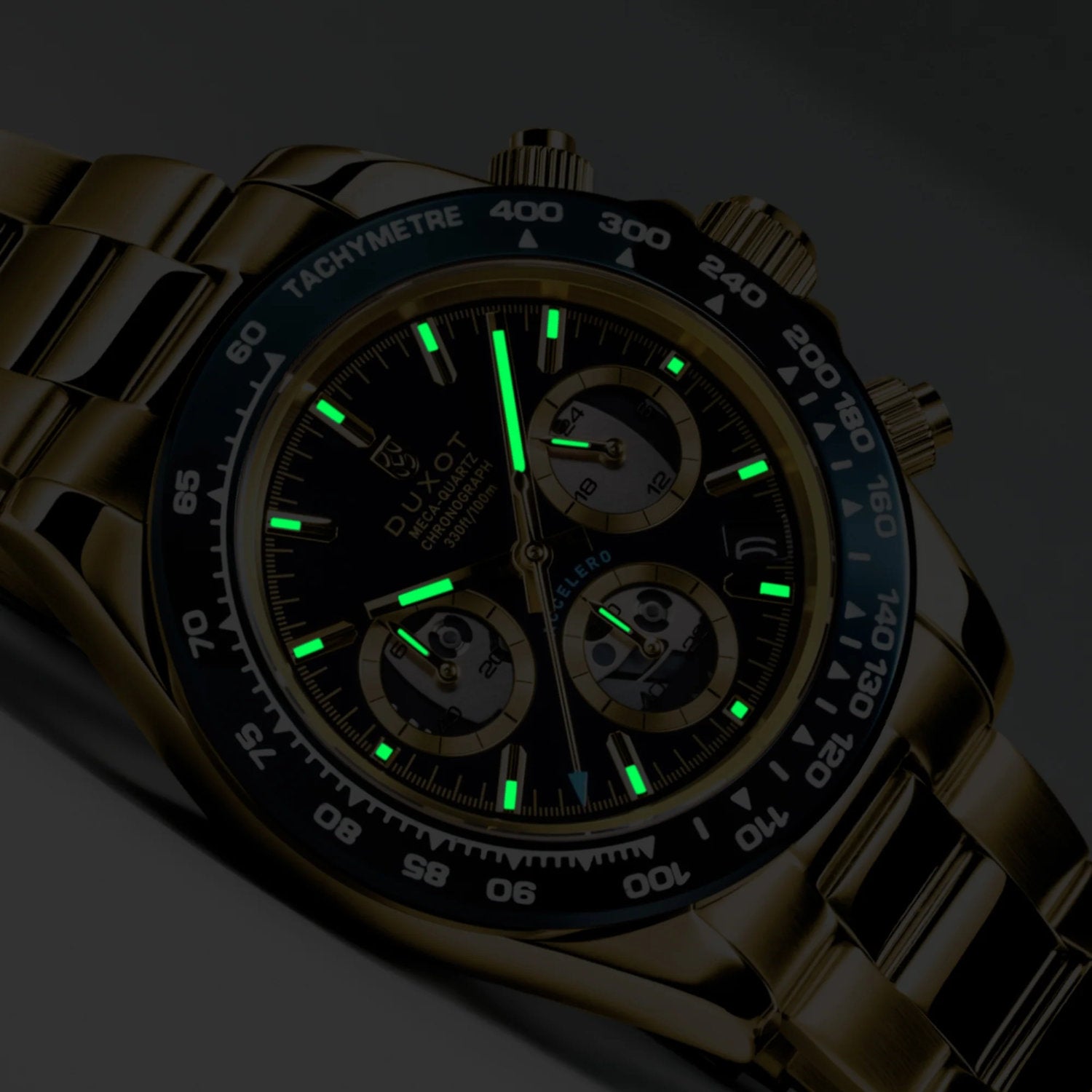 Chronograph ACCELERO Chronograph Compax Skeleton Edition DX-2065-FF mit beleuchteten Ziffern und elegantem Edelstahlband.