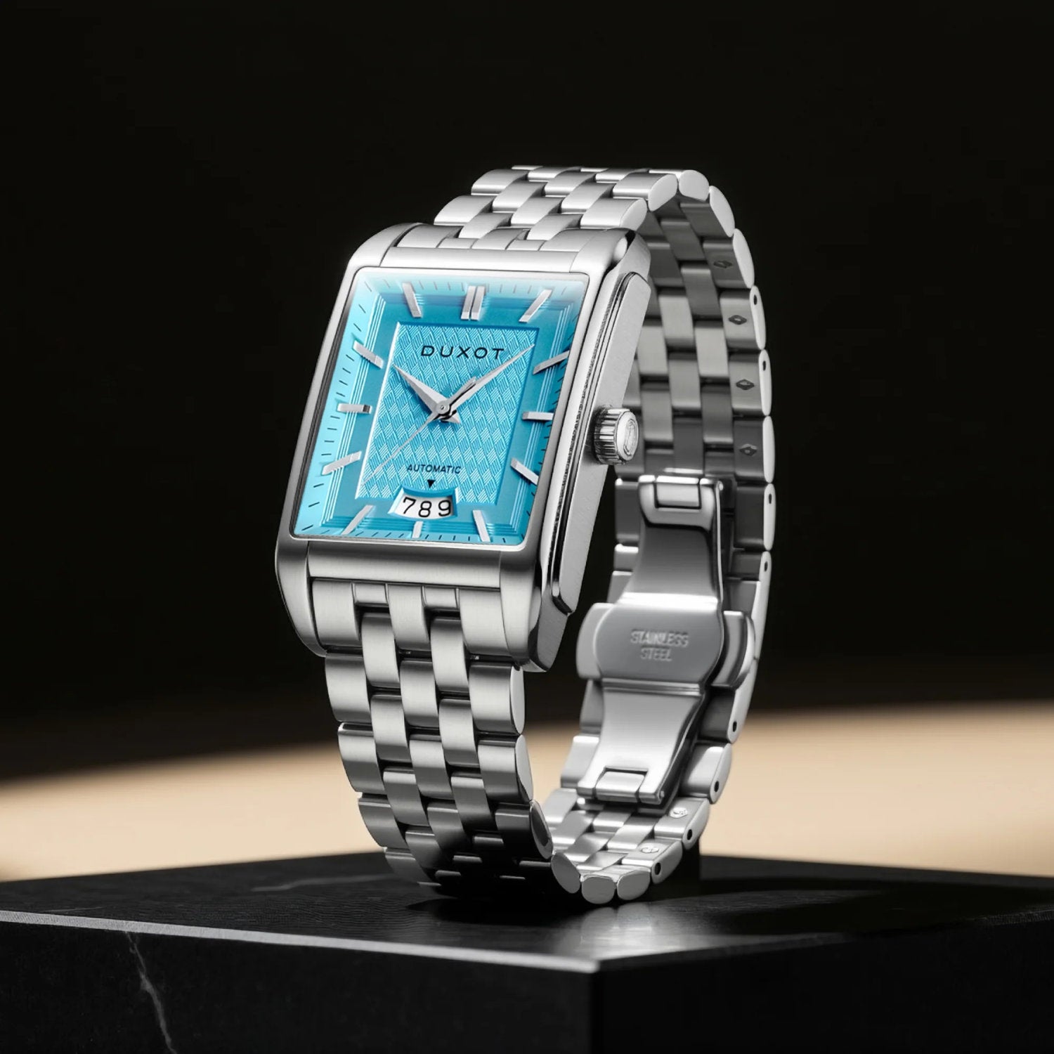 Automatikuhr LIVORNO Automatic DX-2074-55 mit quadratischem Edelstahlgehäuse und blauem Zifferblatt.