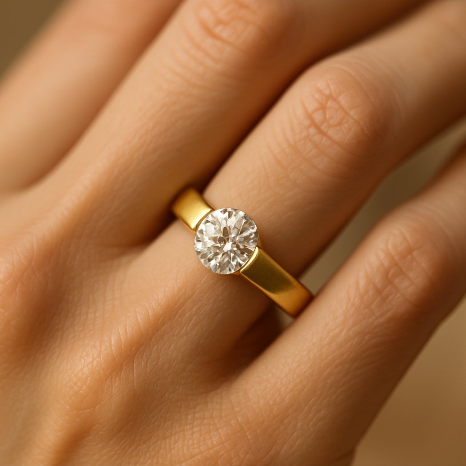 Nahaufnahme eines Fingers mit einem goldenen Ring und großem, funkelndem Stein.