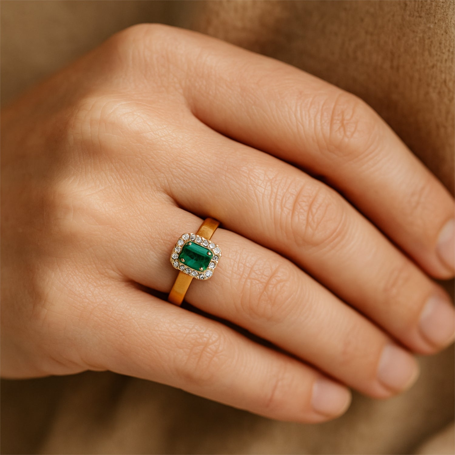 Nahaufnahme einer Hand mit einem goldenen Ring mit einem großen grünen Edelstein und Diamanten besetzt.