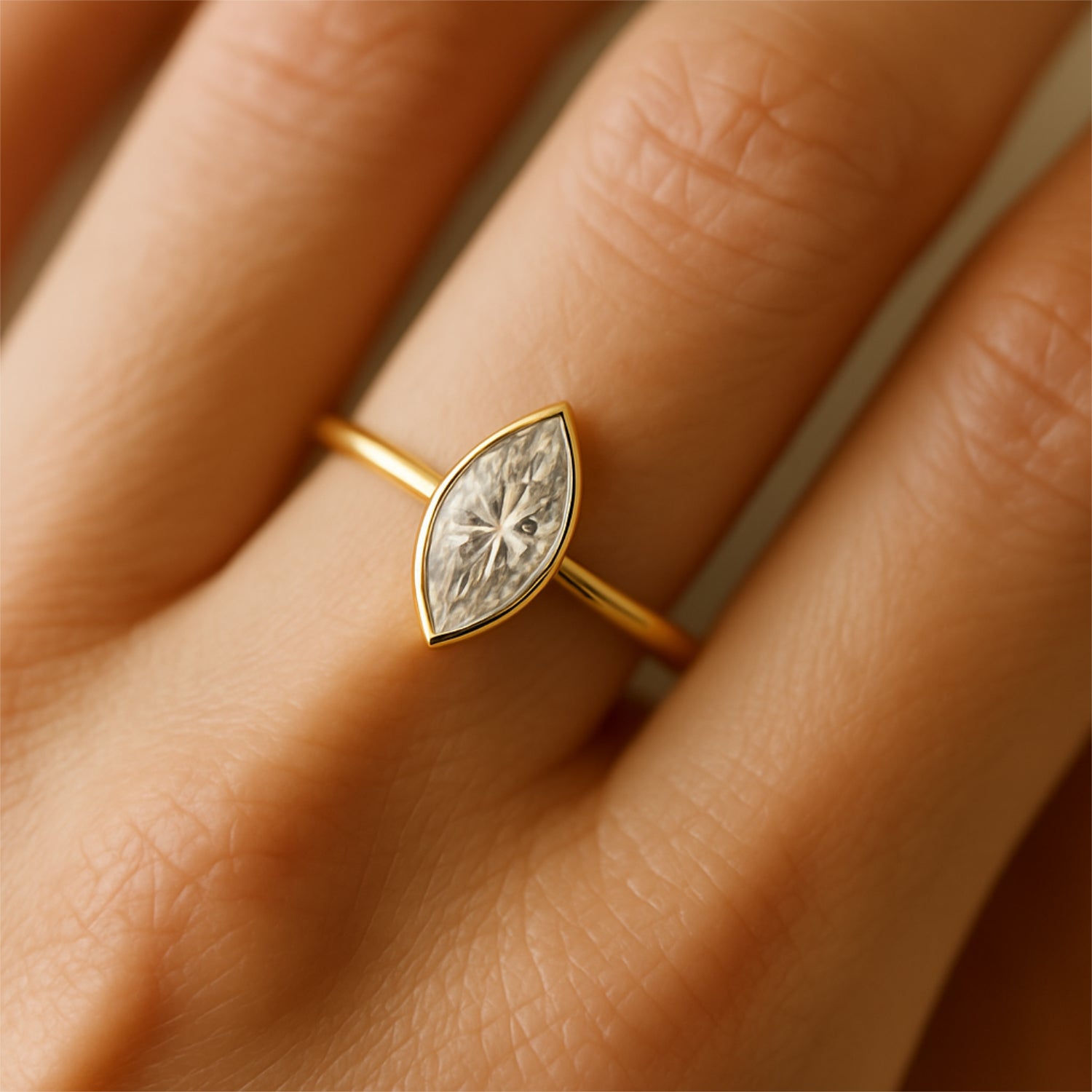 Goldener Ring mit navetteförmigem Diamant auf einem Finger getragen.