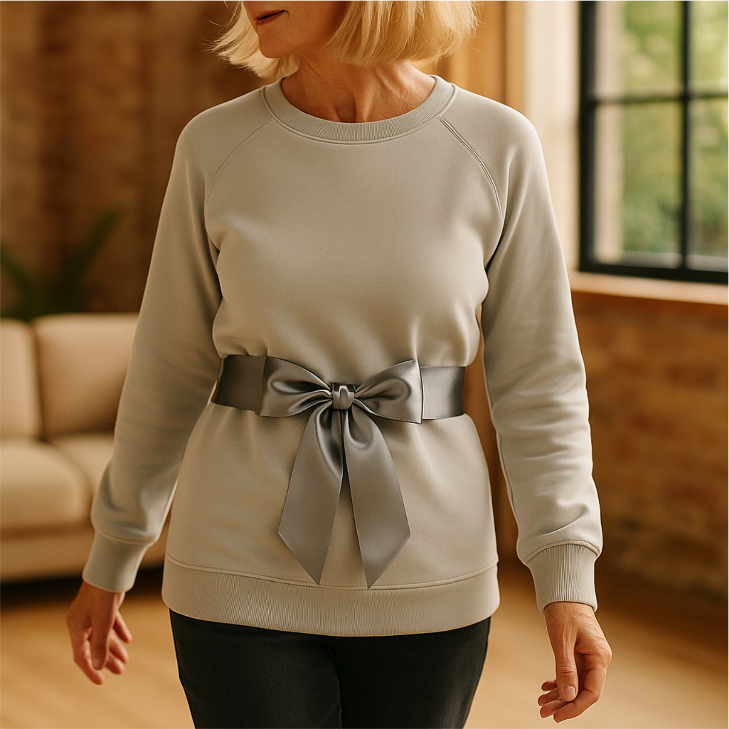 Loungewear Pullover mit Satinband – Sweatshirt in Salbei