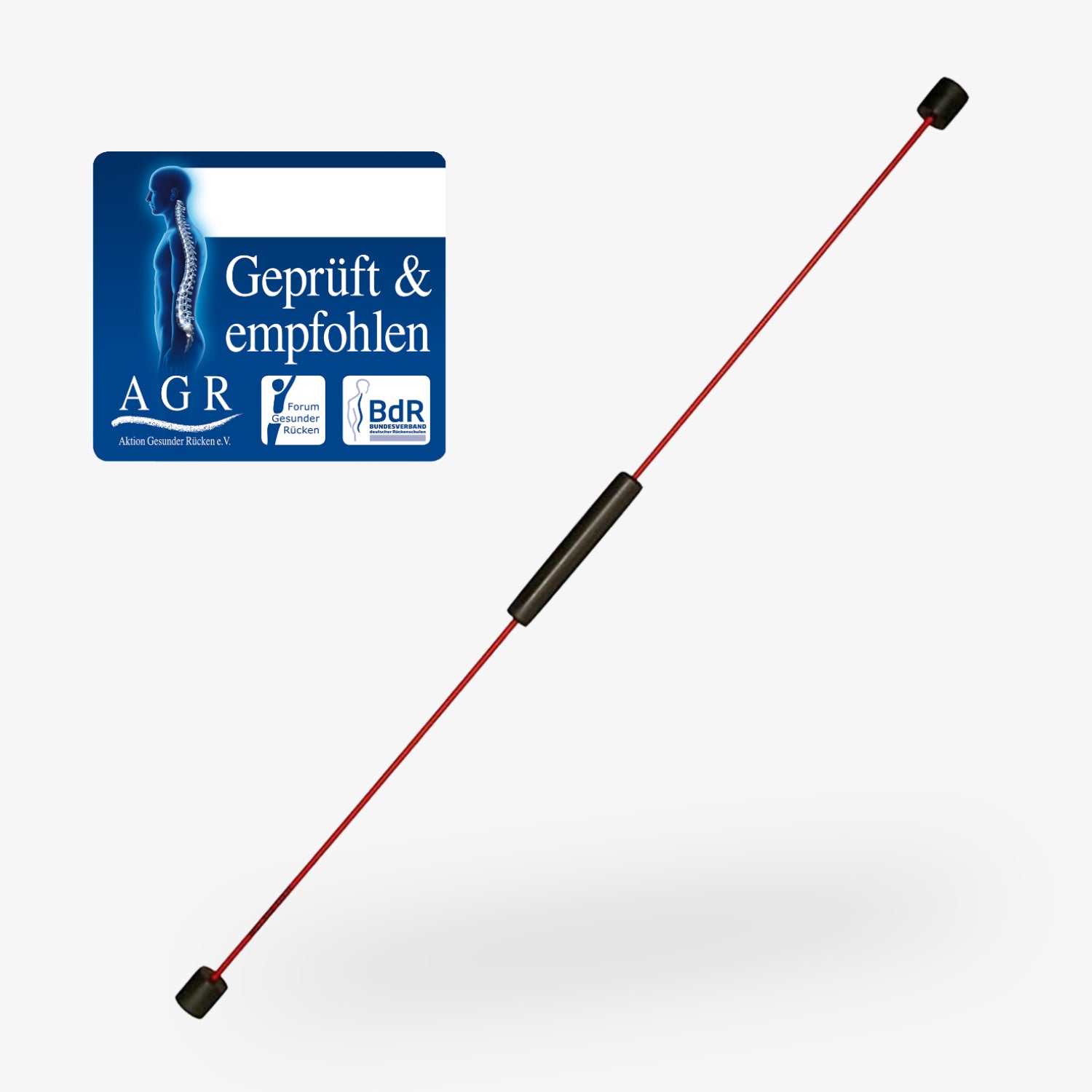 Roter Stab mit schwarzen Enden und Zertifizierungssiegel "Geprüft & empfohlen" von AGR, Forum Gesunder Rücken, BdR.