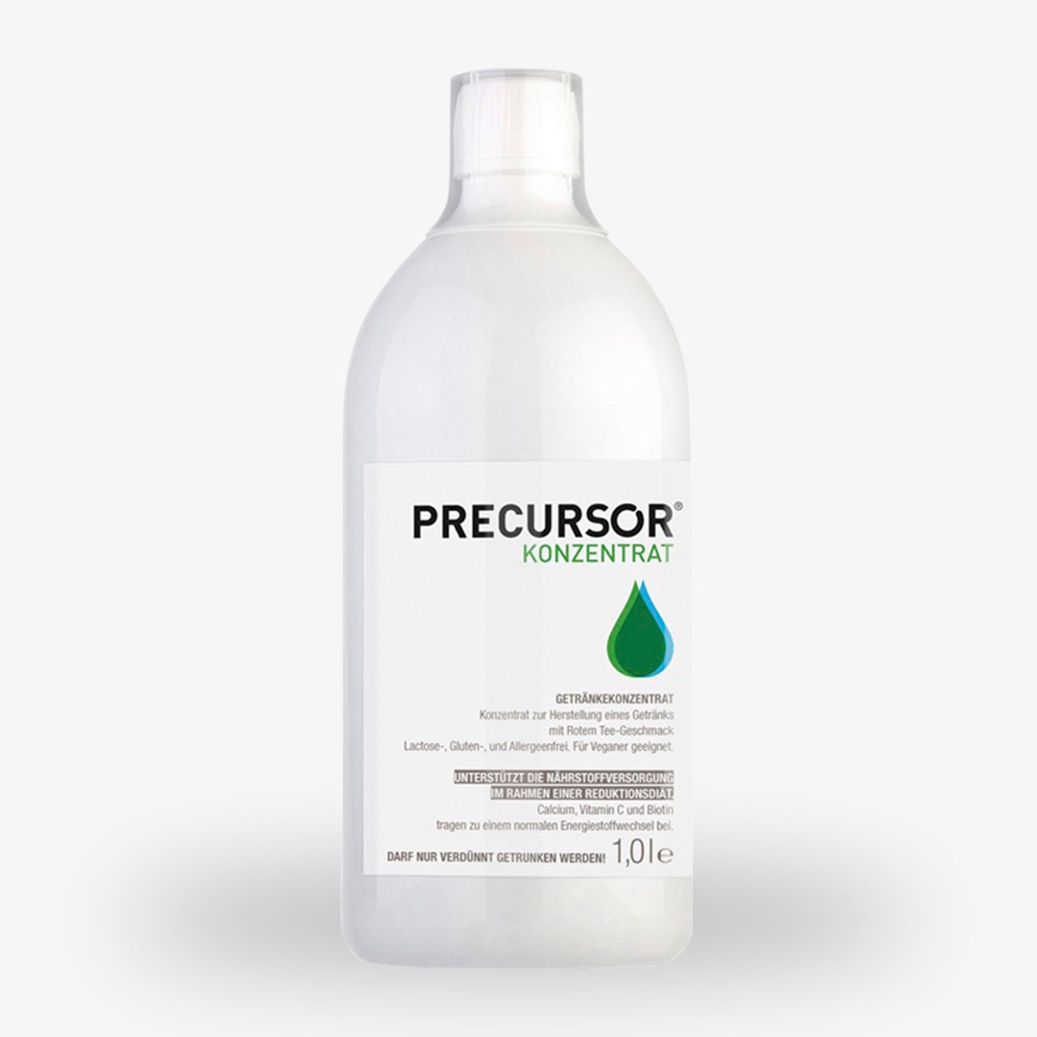 Weiße Flasche mit der Aufschrift "PRECURSOR KONZENTRAT" und einem grünen Tropfensymbol, 1 Liter Inhalt.