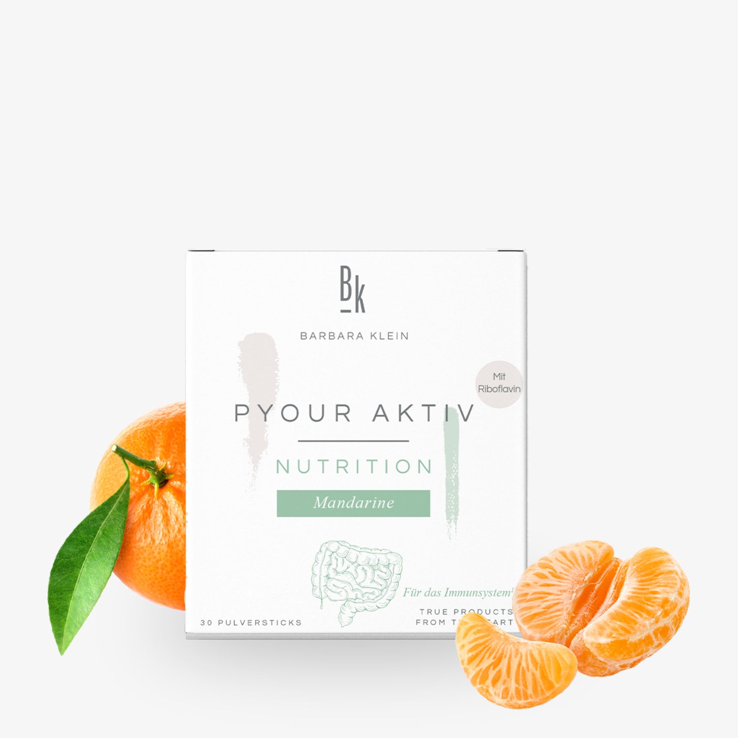 Verpackung eines Nahrungsergänzungsmittels mit Mandarinen-Geschmack, daneben eine Mandarine und Mandarinenstücke.