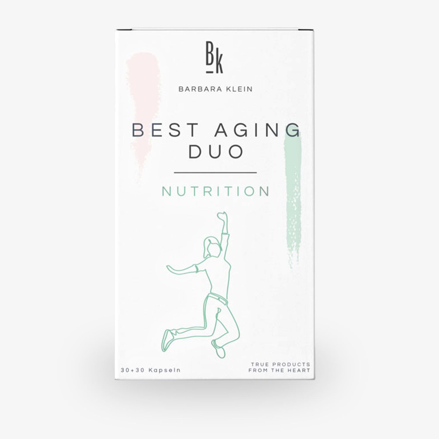 Weiße Verpackung mit der Aufschrift "BEST AGING DUO" und einer gezeichneten Figur, die springt.
