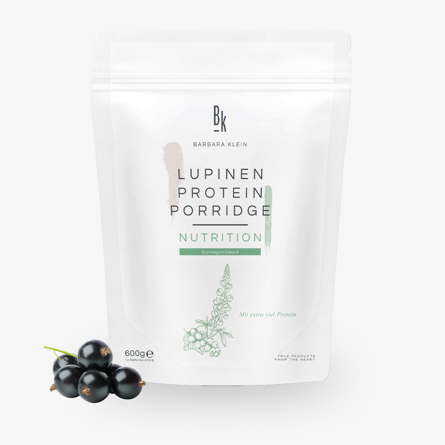 Weiße Packung "Lupinen Protein Porridge" mit Johannisbeeren daneben.
