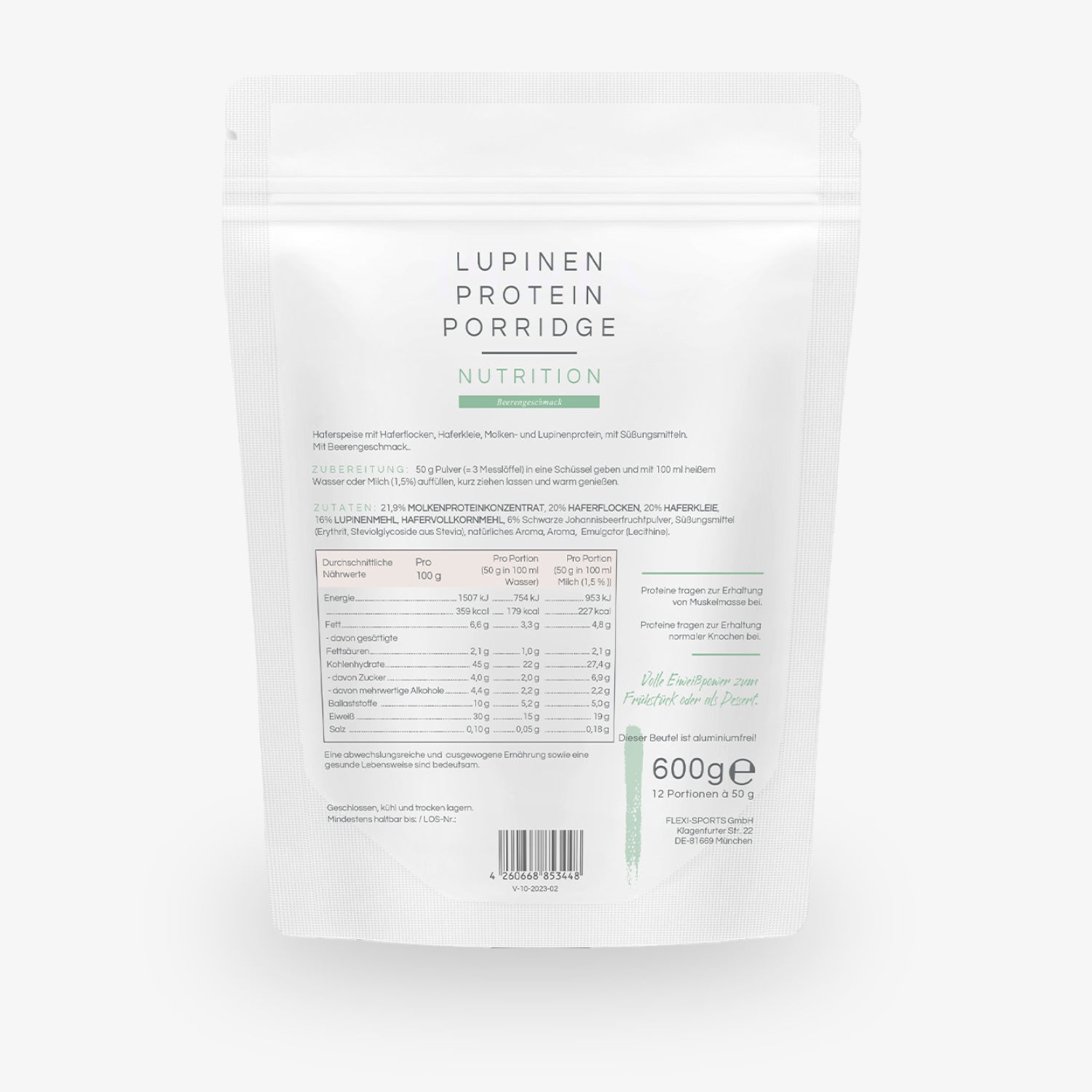 Verpackung für Lupinen Protein Porridge mit Nährwerttabelle und Zubereitungshinweisen auf der Rückseite.