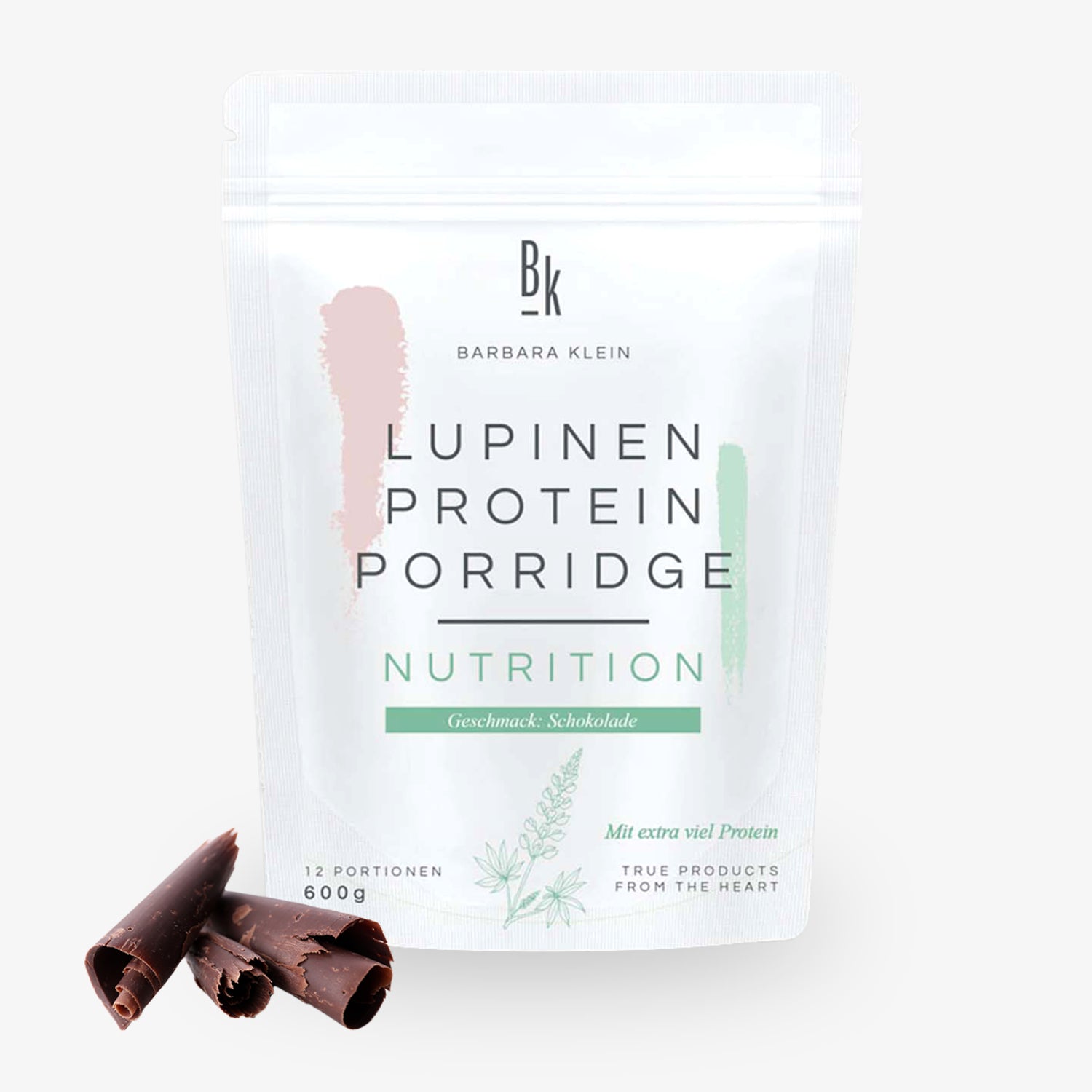 Verpackung von Lupinen Protein Porridge, Geschmack Schokolade, mit Schokoladenspiralen darunter, 600g.