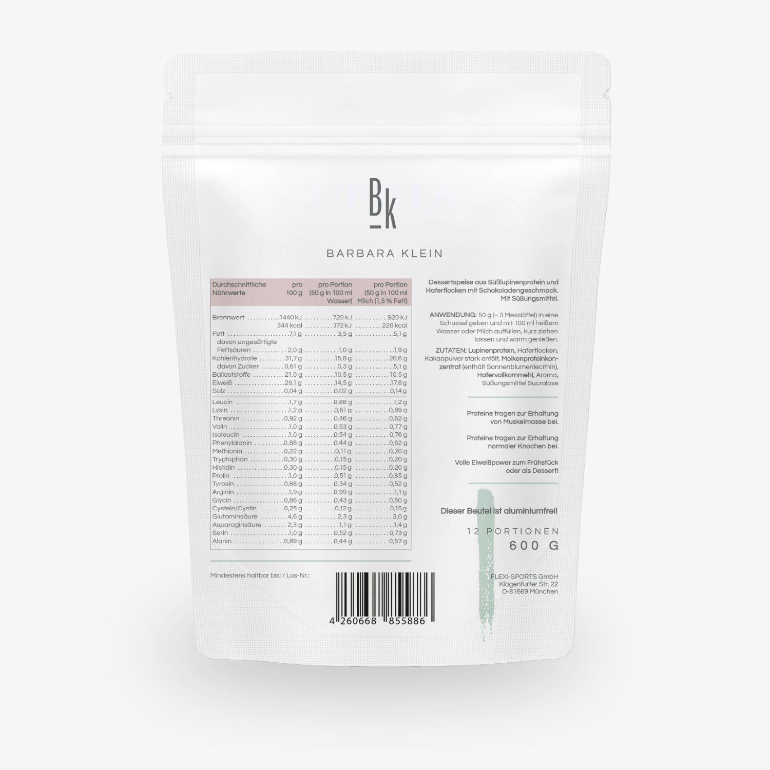 Weiße Verpackung mit Nährwerttabelle und Text für Barbara Klein Dessertprotein-Mix, 600 g, 12 Portionen.
