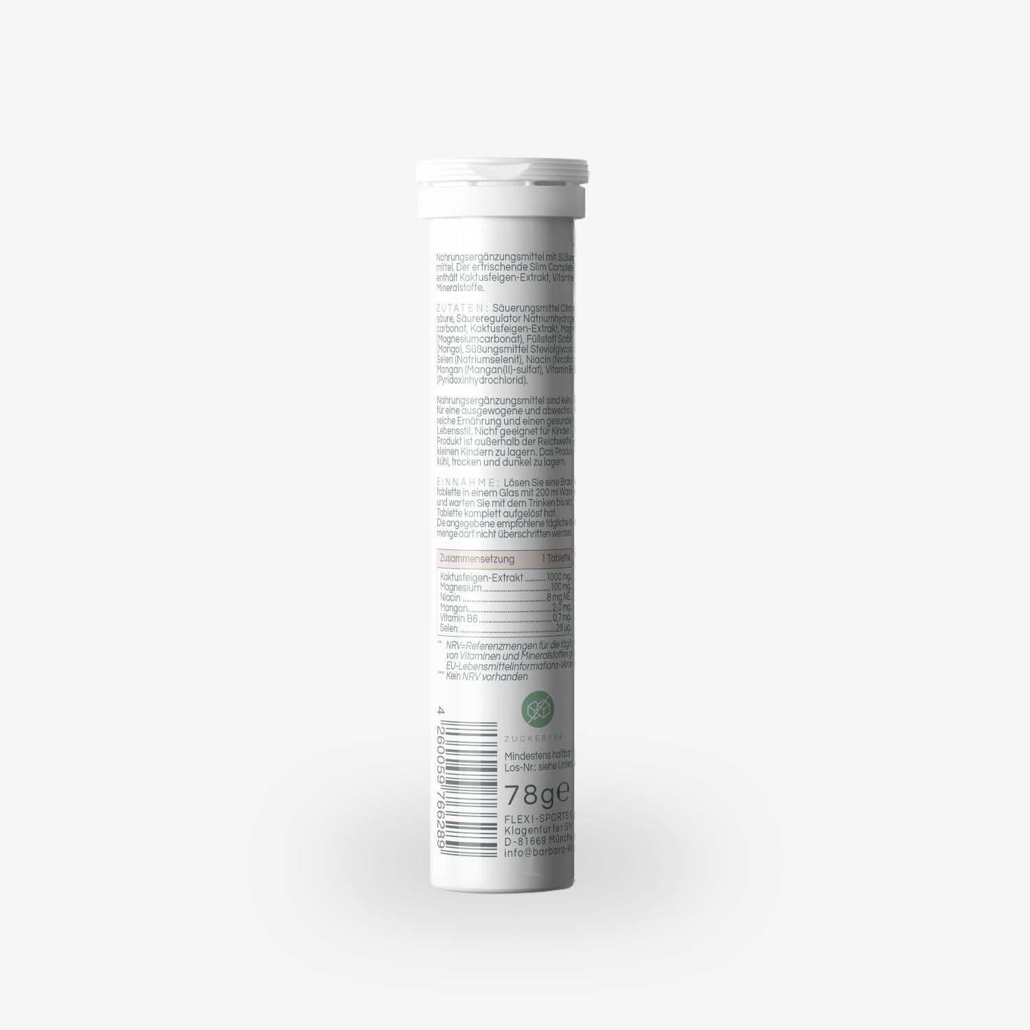 Weiße Dose mit Nahrungsergänzungsmittel, Text und Inhaltsangaben auf der Rückseite, 78g Gewicht, minimalistische Gestaltung.