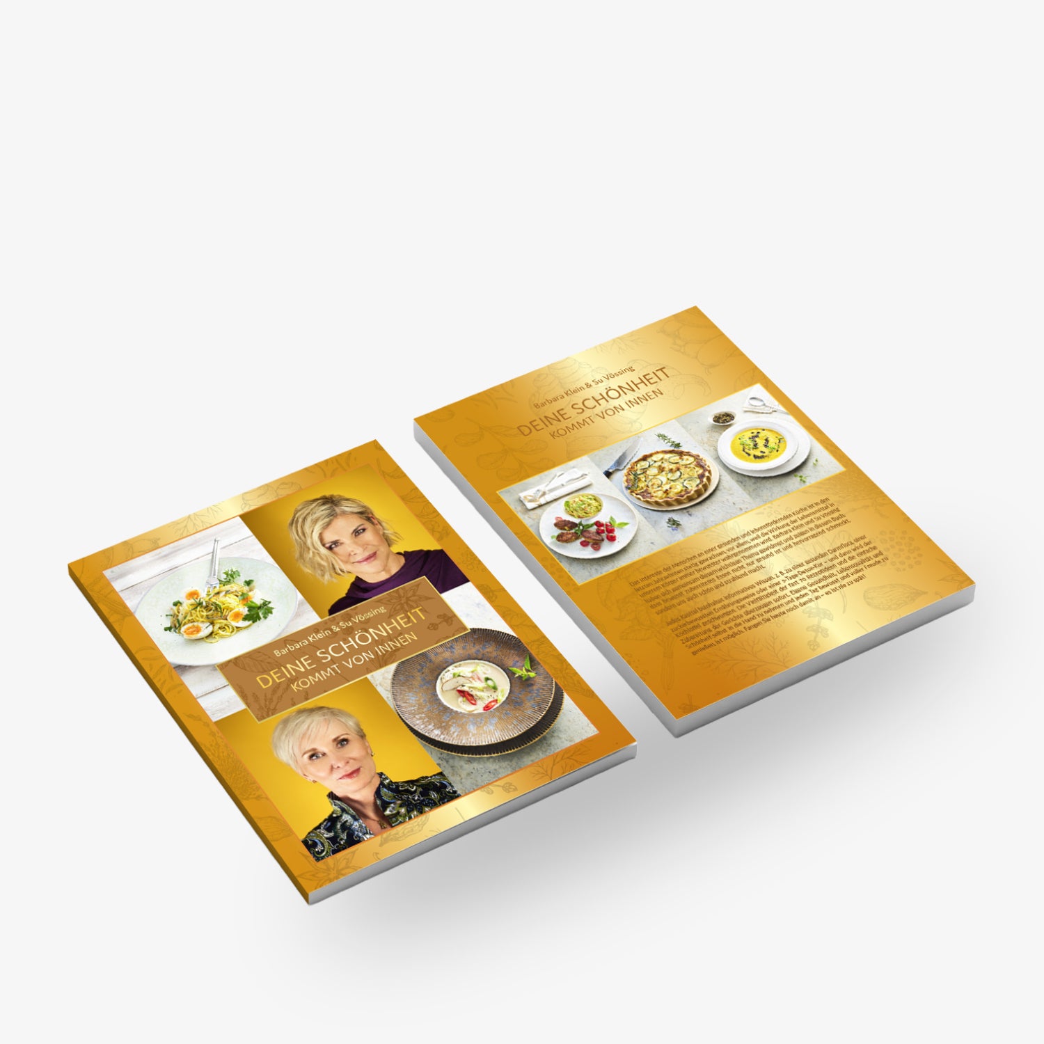 Zwei Bücher mit gelbem Cover, jeweils mit Fotos von Gerichten und einer Frau, Titel: "Deine Schönheit kommt von innen".