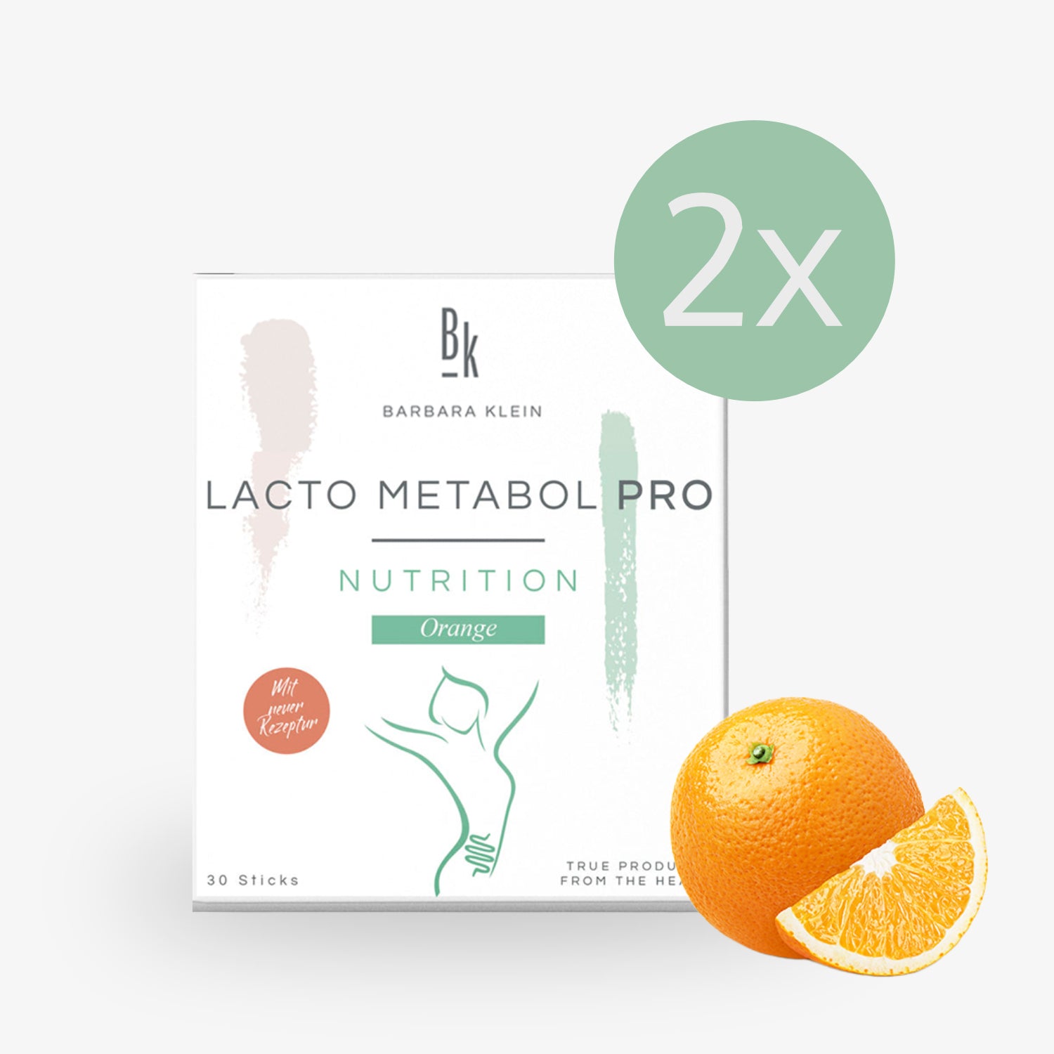 Verpackung von "Lacto Metabol Pro Nutrition Orange" mit einer Orange und einem Segment, daneben ein 2x-Zeichen.