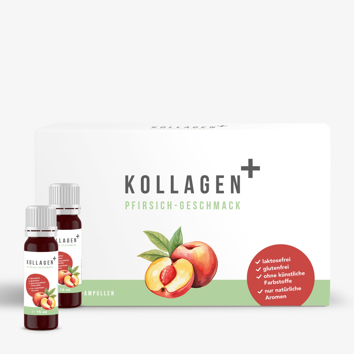 Verpackung von Kollagen+ Pfirsich-Geschmack mit zwei kleinen Fläschchen und Pfirsich-Illustration.