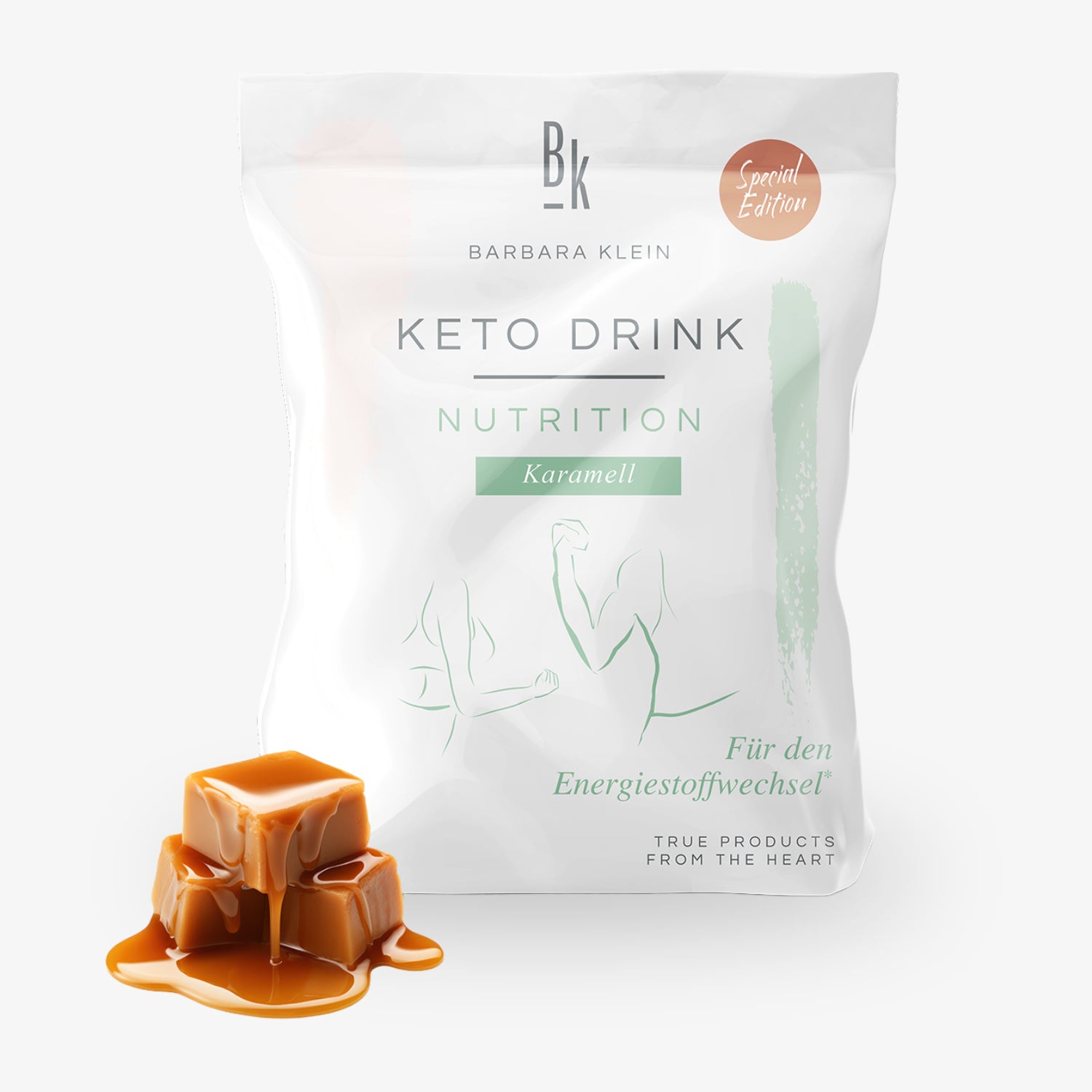 Verpackung eines Keto-Getränks "Karamell" mit Illustrationen von Muskeln und Karamellstücken im Vordergrund.