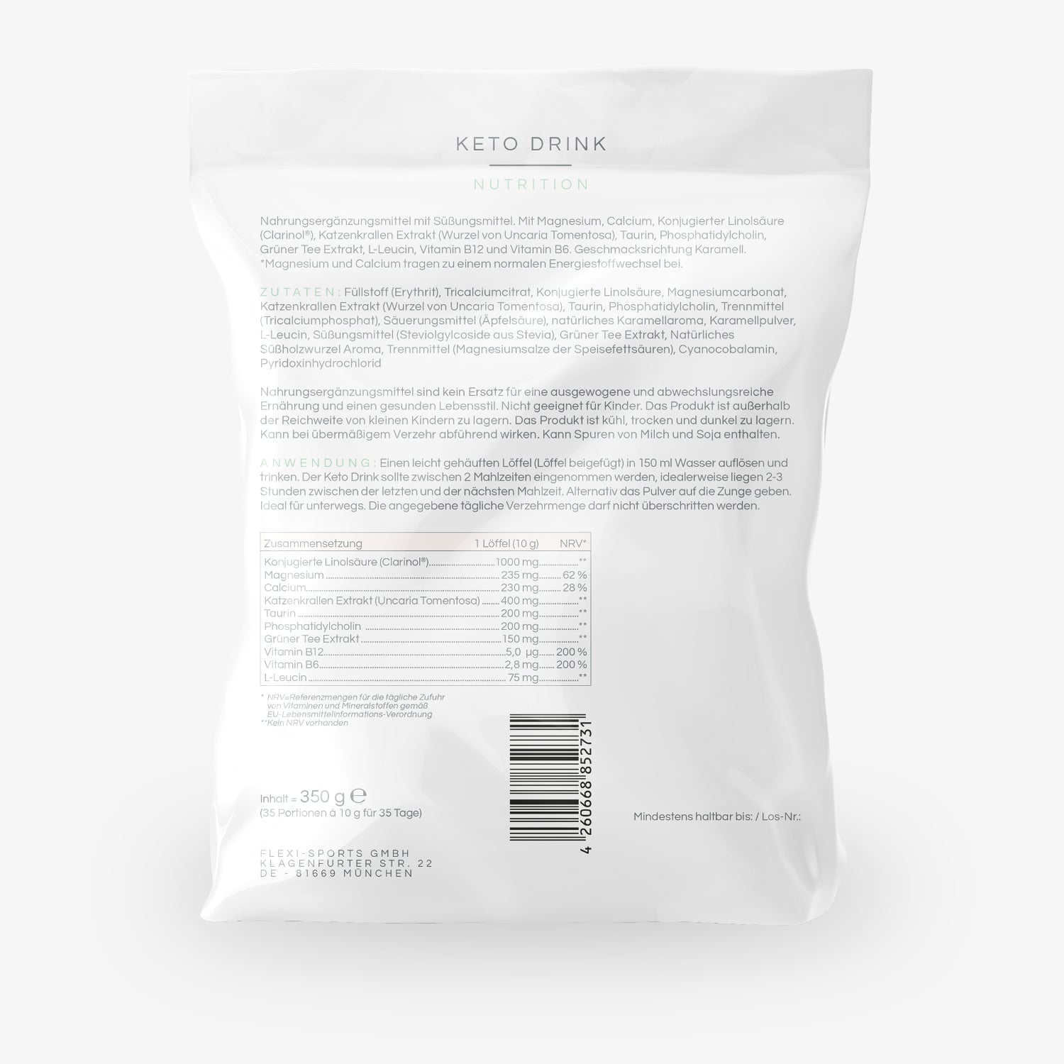 Rückseite einer weißen Verpackung mit Nährwertangaben und Zutatenliste für ein Keto-Getränk in deutscher Sprache.