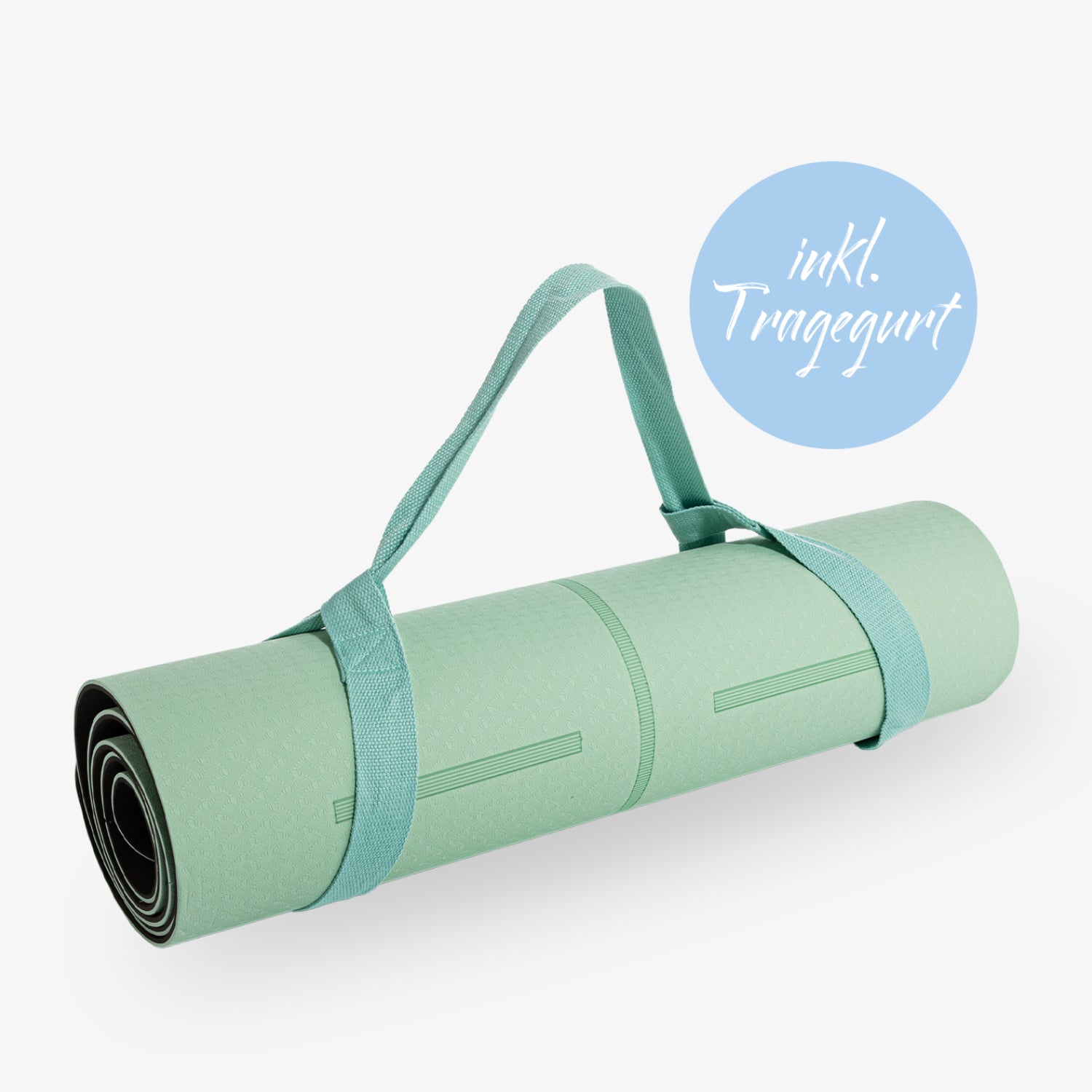Gerollte grüne Yogamatte mit Tragegurt und dem Text "inkl. Tragegurt" in einem blauen Kreis.