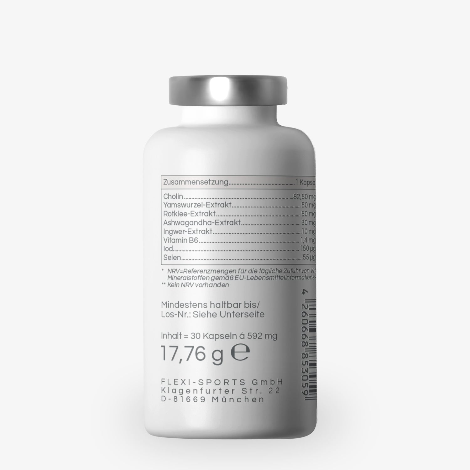 Weiße Flasche mit Inhaltsstoffen, darunter Cholin, Yamswurzeln, Rotklee, Ashwagandha und weitere, aufgedruckt.