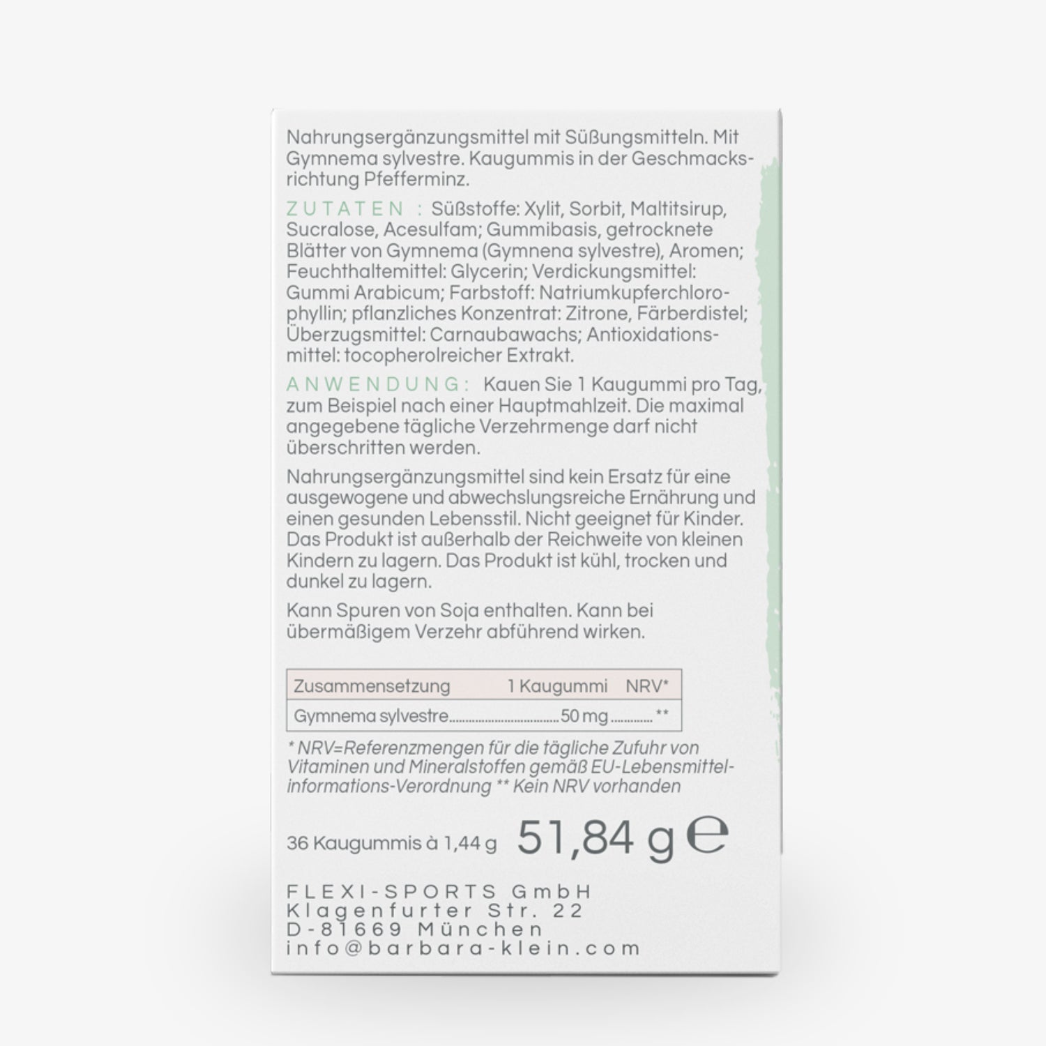 Verpackung eines Nahrungsergänzungsmittels mit Zutatenliste und Anwendungshinweisen auf der Rückseite.