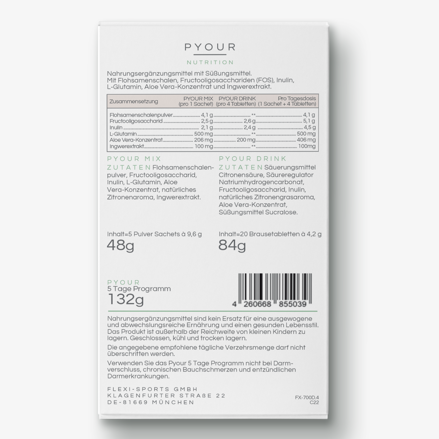 Rückseite einer Verpackung von Nahrungsergänzungsmitteln mit Inhaltsangaben und Herstellerinformationen.