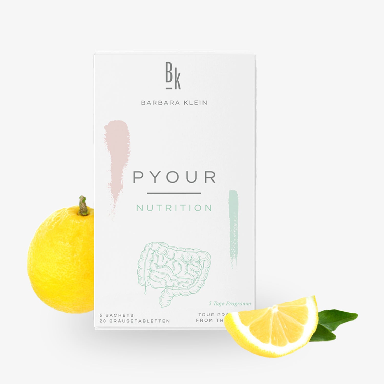 Packung mit der Aufschrift "Pyour Nutrition" von Barbara Klein und einer Zeichnung eines Darms, umgeben von Zitronen.