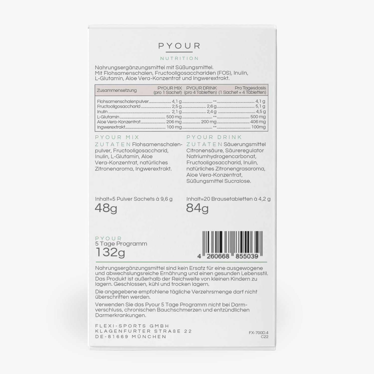 Rückseite einer Pyour-Nahrungsergänzungsmittelverpackung mit Zutatenliste und Gebrauchsanleitung in deutscher Sprache.