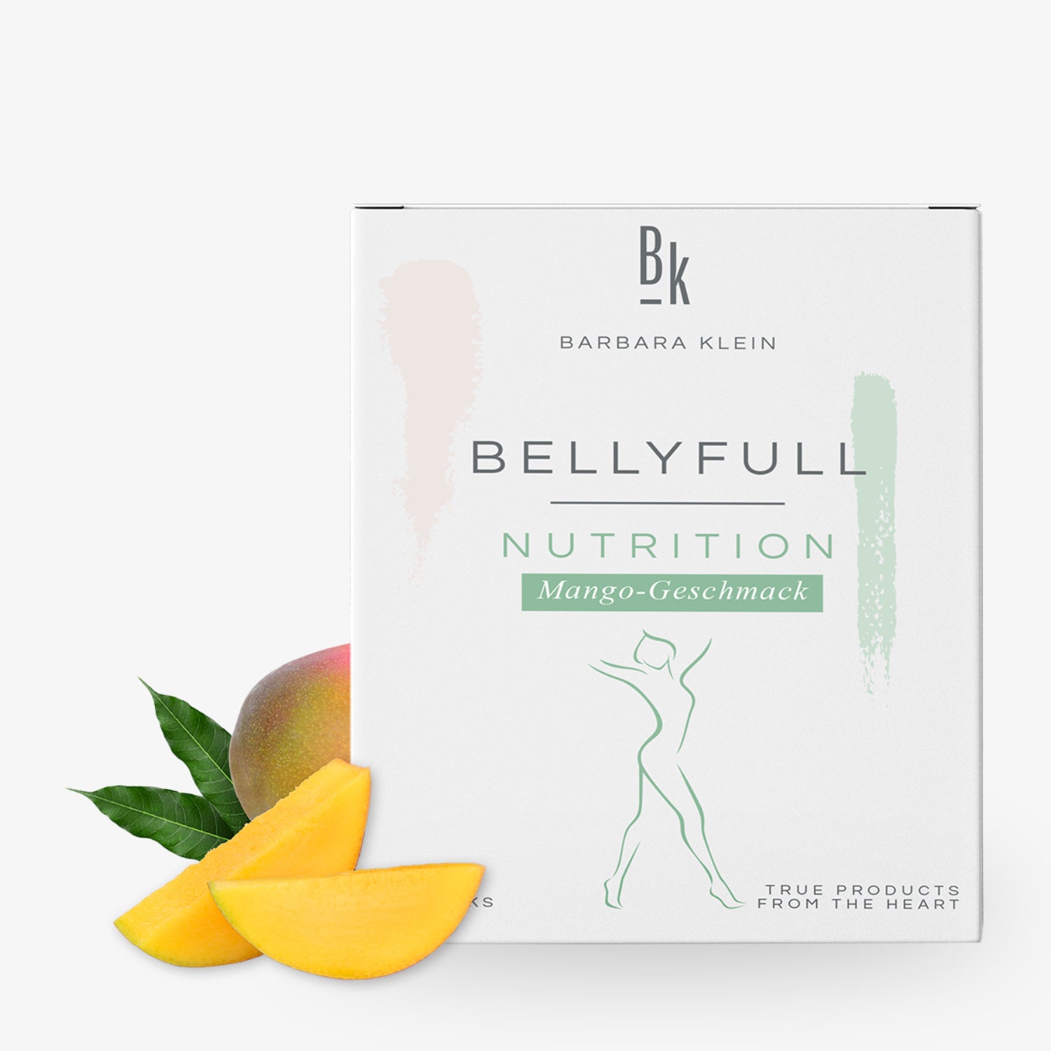 Weiße Verpackung von "BELLYFULL NUTRITION" mit Mango-Geschmack, daneben liegt eine frische Mango und Mango-Scheiben.
