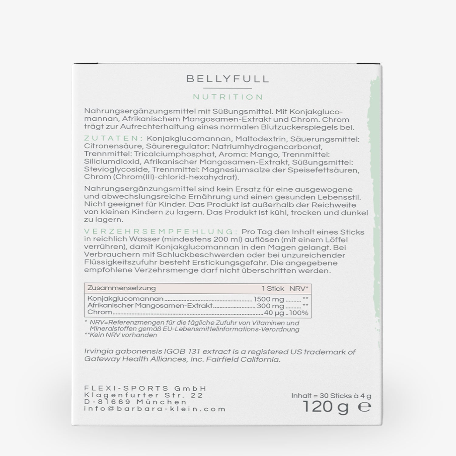 Verpackung von "BELLYFULL NUTRITION" Nahrungsergänzungsmittel mit Zutatenliste, Verzehrempfehlung und Herstellerangaben.