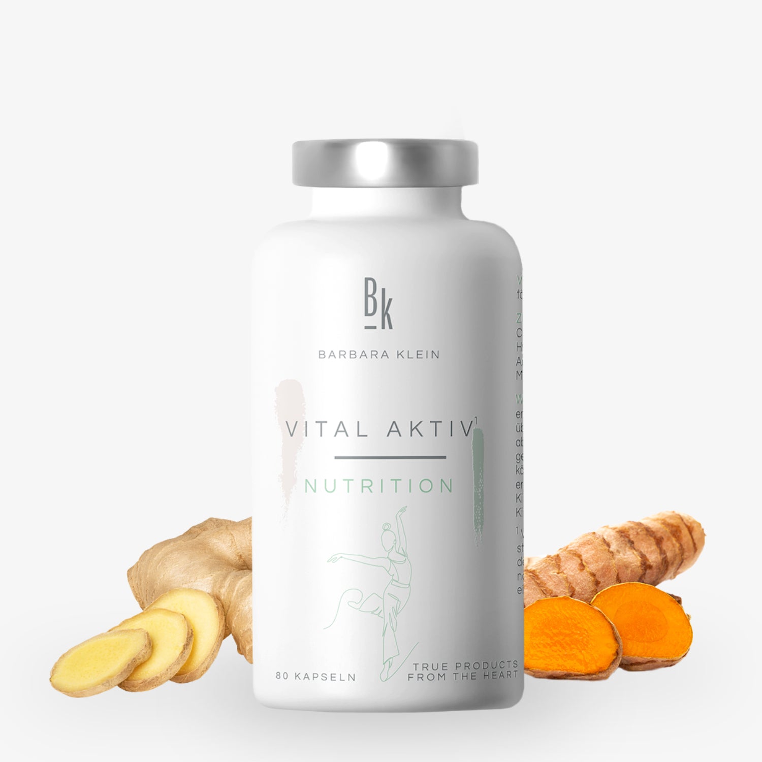 Eine weiße Flasche "Vital Aktiv Nutrition" mit Kurkuma und Ingwer davor.