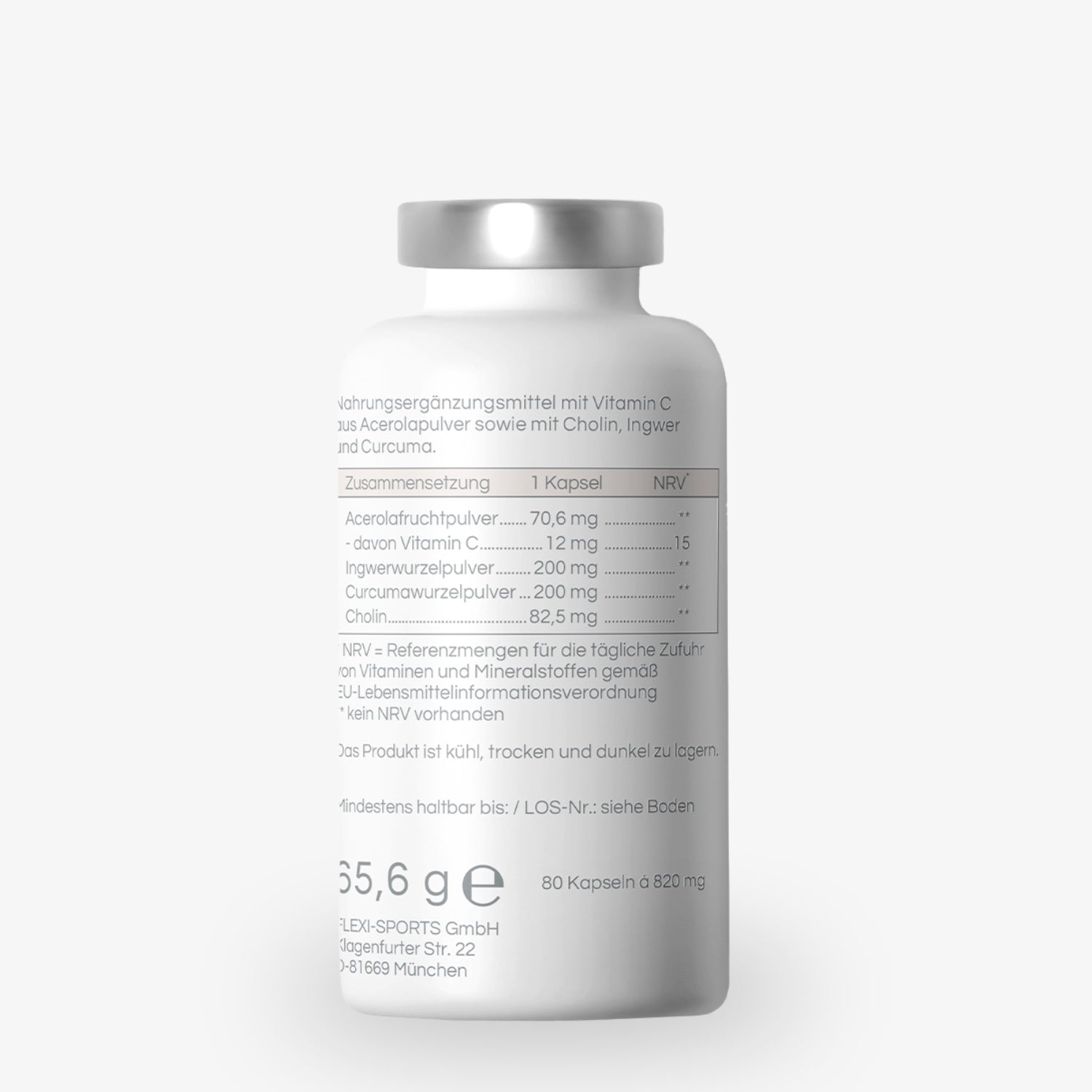 Weißes Nahrungsergänzungsmittelflasche mit Inhaltsstoffangaben auf der Vorderseite, u.a. Vitamin C und Curcuma.