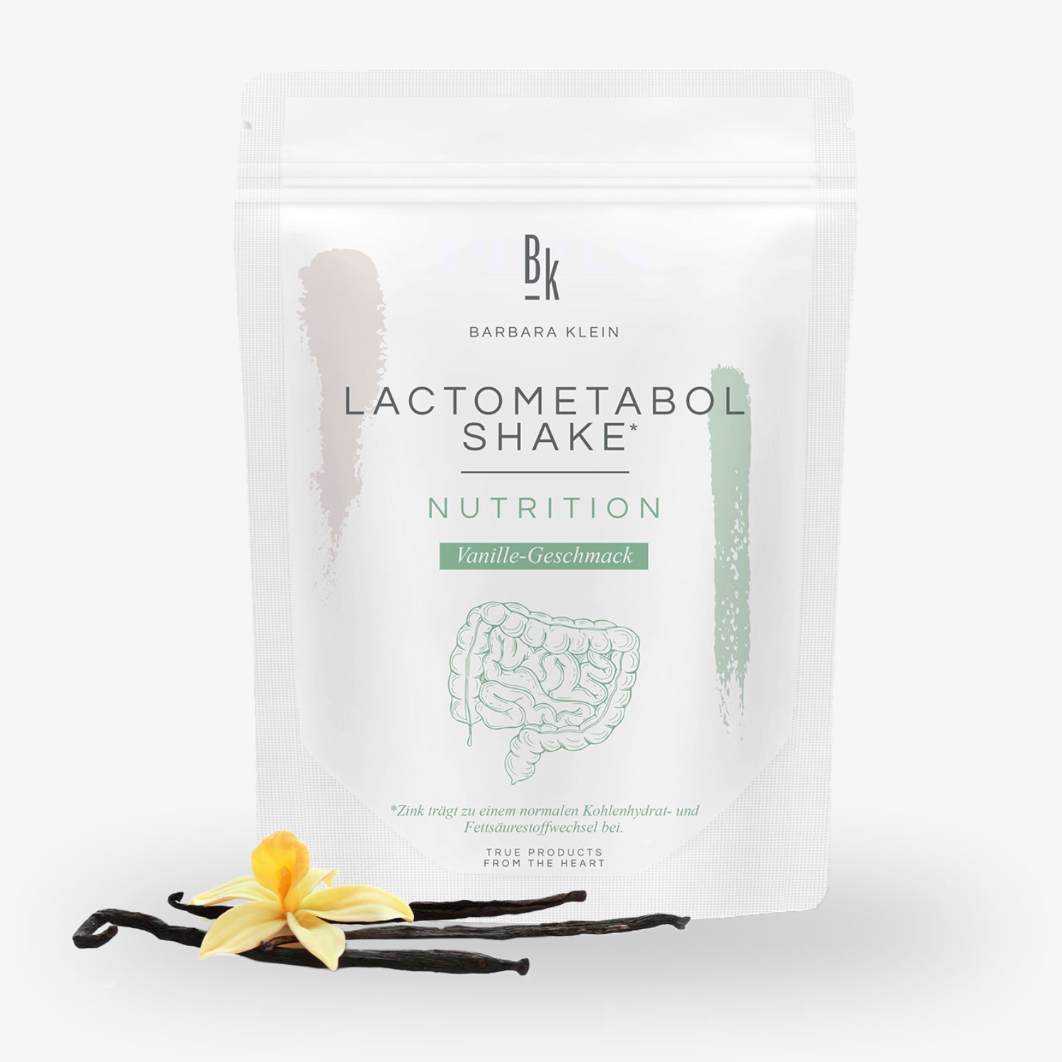 Verpackung eines Lactometabol Shakes mit Vanillegeschmack, dekoriert mit Vanilleschoten und einer Blüte.