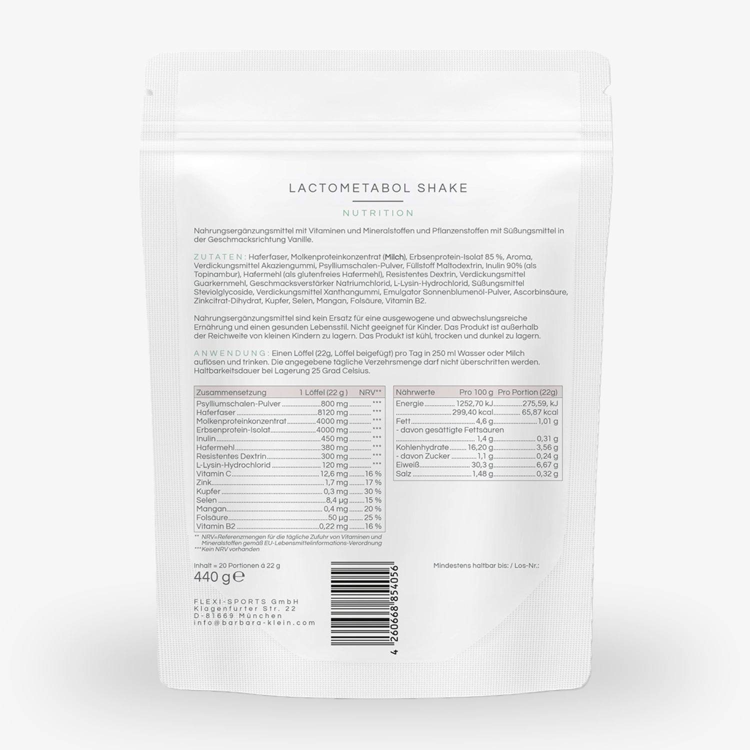 Rückseite einer Verpackung des Lactometabol Shake mit Zutatenliste, Nährwertinformationen und Anwendungshinweisen.