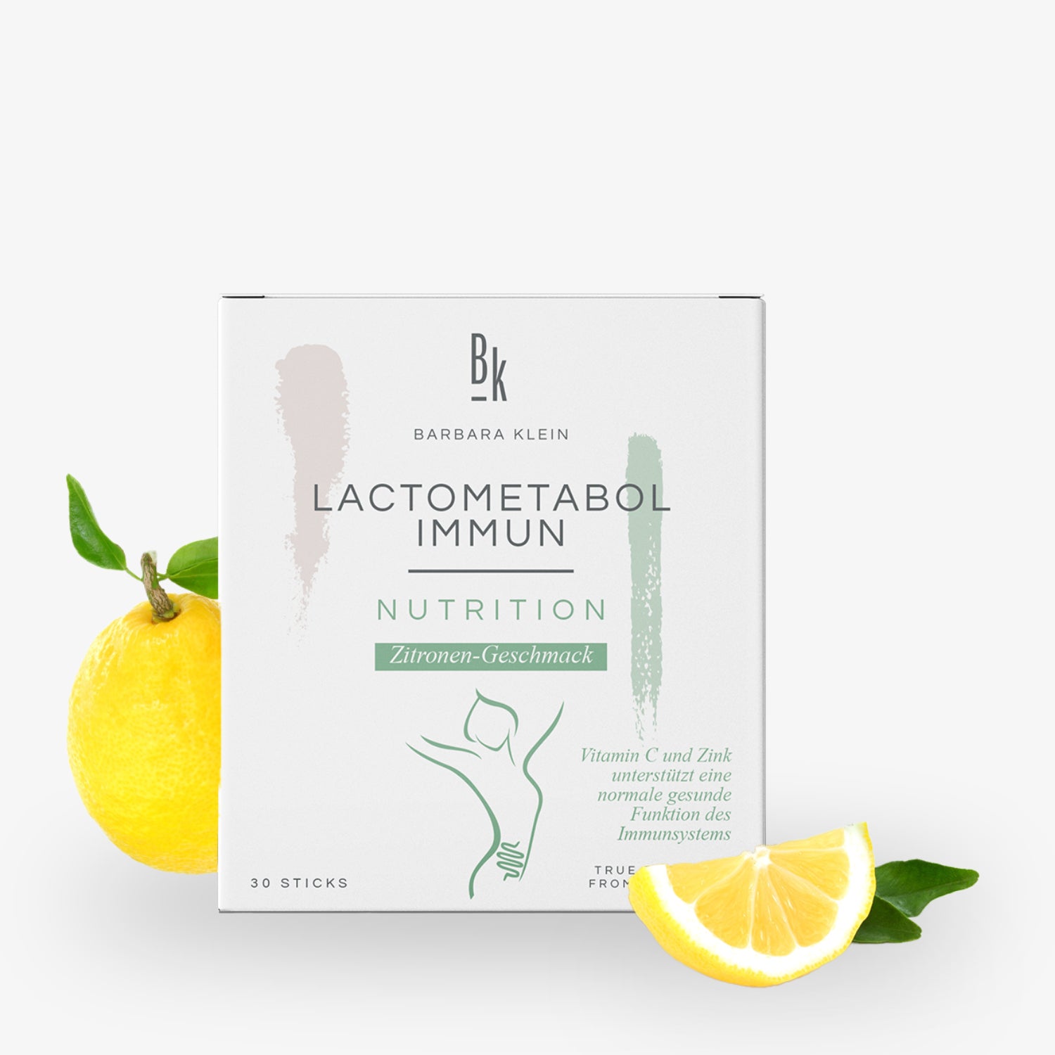 Verpackung von Lactometabol Immun Zitronen-Geschmack mit Abbildung einer halben Zitrone und einer ganzen Zitrone.