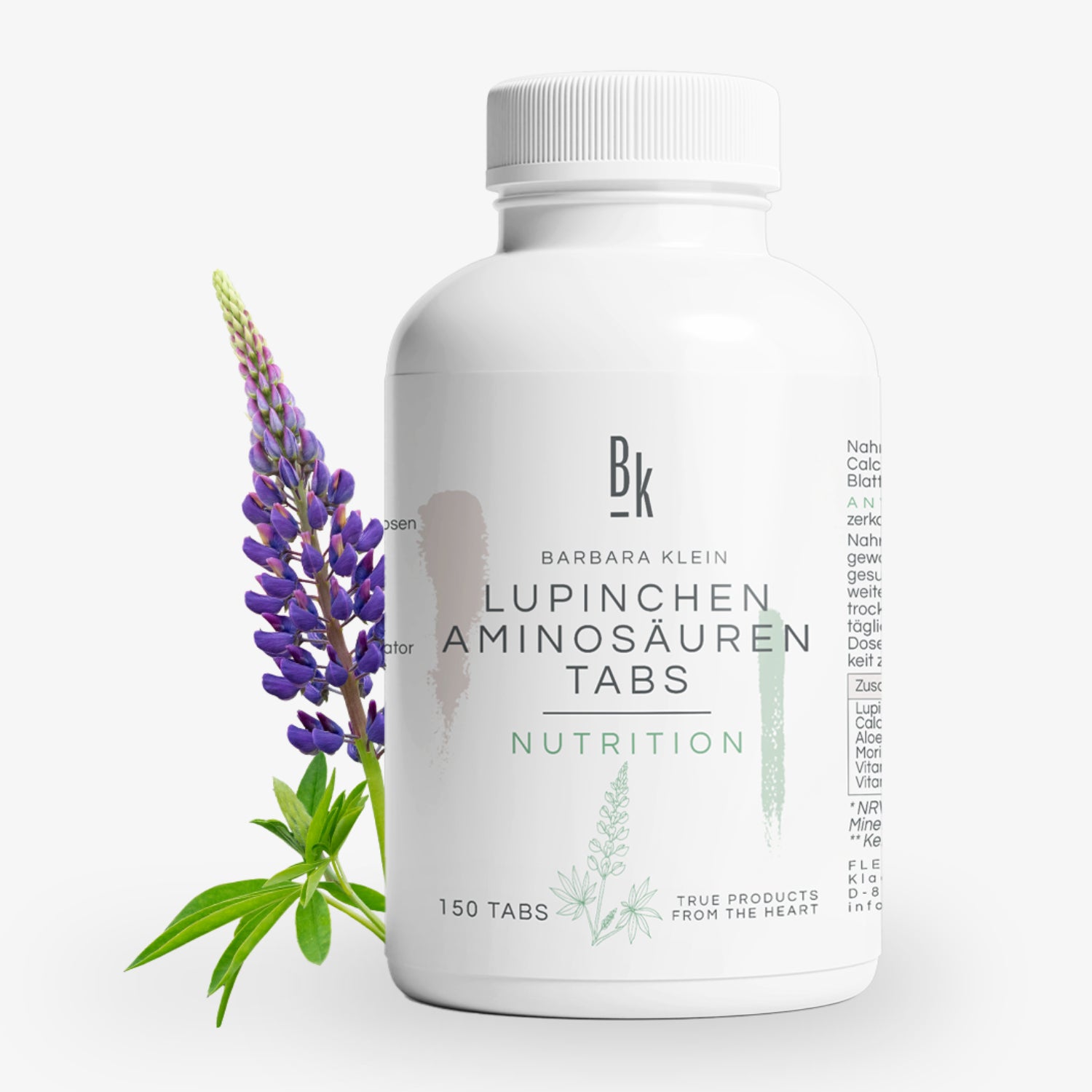 Flasche mit "Lupinchen Aminosäuren Tabs" und 150 Tabletten, daneben ein lila Lupinenblütenstiel.