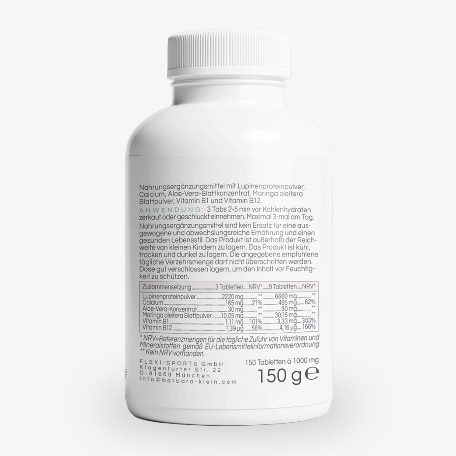 Eine weiße Flasche mit einem Etikett für ein Nahrungsergänzungsmittel, das Inhaltsstoffe und Anweisungen zeigt.
