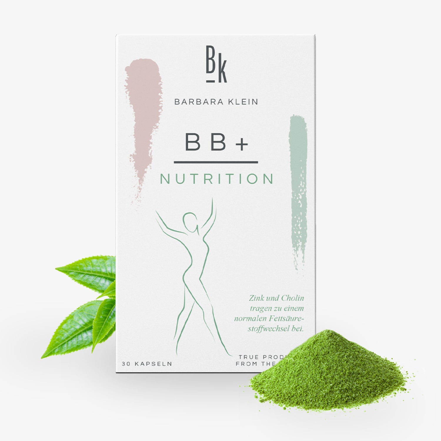 Weiße Verpackung von "BB+ Nutrition" mit grünem Pulver und Blättern, grafisches Figur-Design auf der Vorderseite.