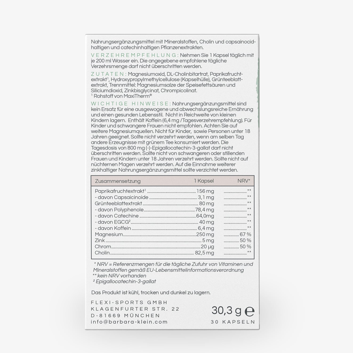 Rückseite einer Verpackung mit detaillierten Informationen zu einem Nahrungsergänzungsmittel, Zutaten und Warnhinweisen.