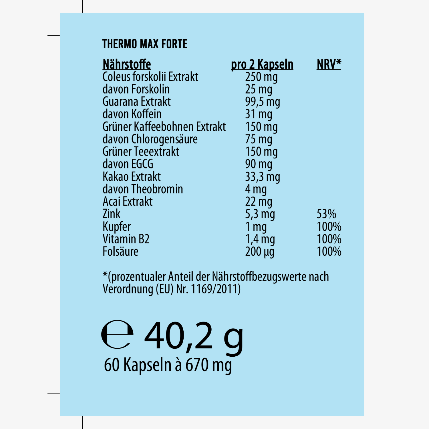 Produktetikett von Thermo Max Forte mit Nährstoffangaben pro 2 Kapseln, Gewicht: 40,2 g, 60 Kapseln insgesamt.
