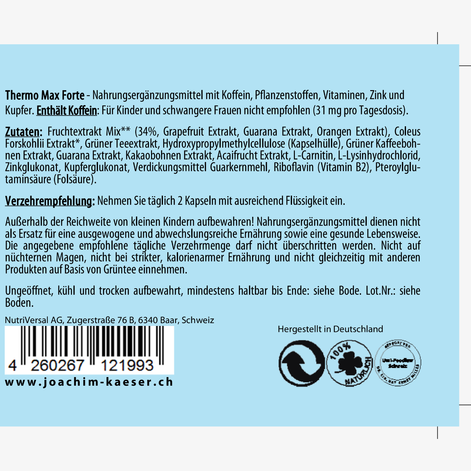 Etikett für Nahrungsergänzungsmittel "Thermo Max Forte" mit Inhaltsstoffen, Verzehrsempfehlung und Lagerhinweisen.