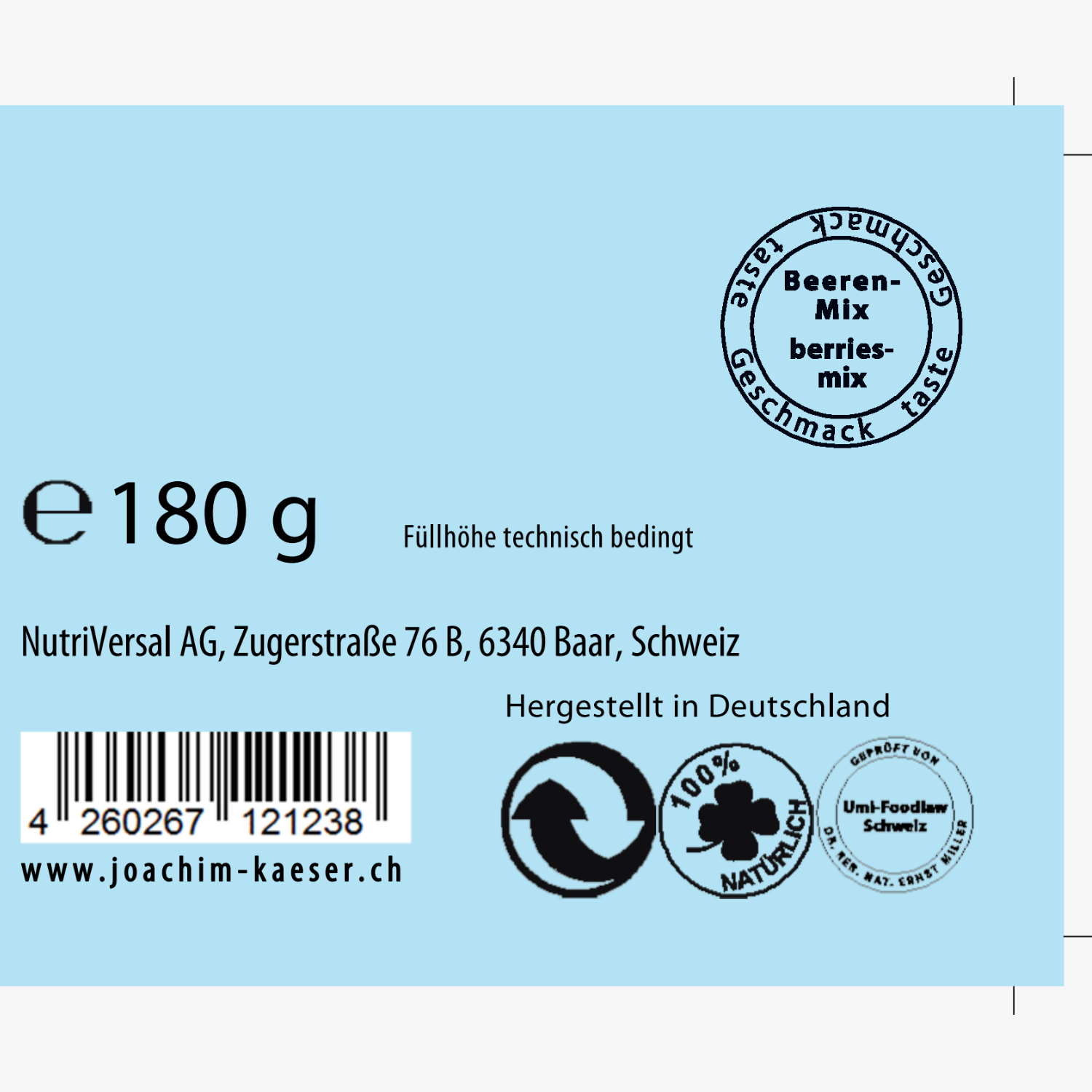 Etikett mit 180 g Beerenmix, Herstelleradresse in der Schweiz und Symbolen für Recycling und natürliche Zutaten.