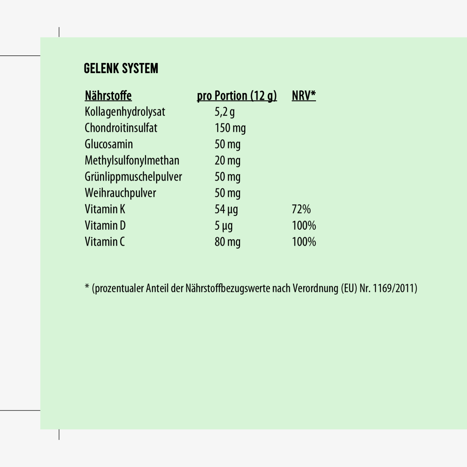 Nährstofftabelle für Gelenksystem mit Angaben zu Kollagenhydrolysat, Chondroitinsulfat, Vitaminen und mehr.