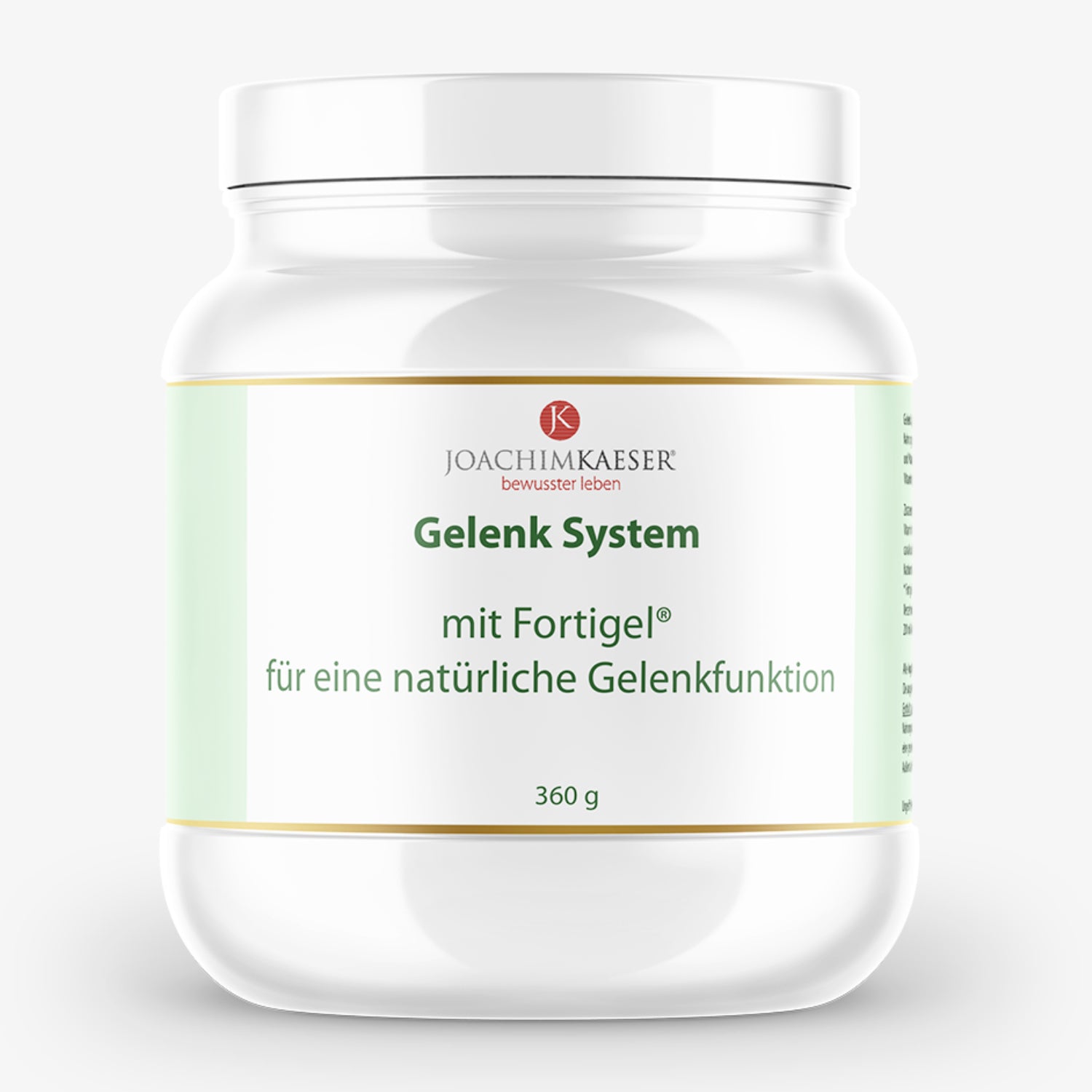 Weißer Behälter mit grünem Etikett der Marke JOACHIM KAESER, gekennzeichnet als "Gelenk System" mit Fortigel, 360 g.