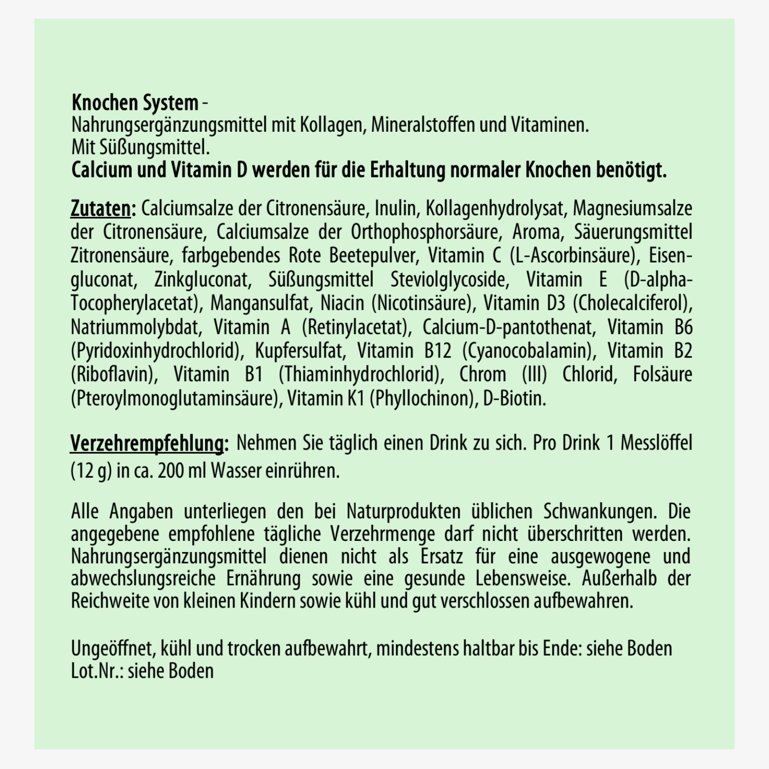 Text über Nahrungsergänzungsmittel mit Kollagen, Mineralstoffen, Vitaminen, Zutaten und Verzehrempfehlung.
