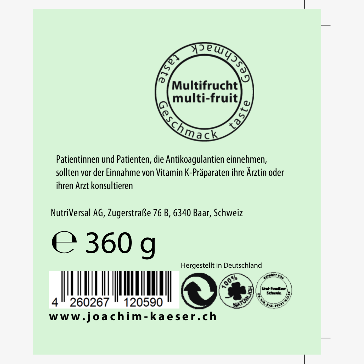 Etikett mit Angaben zu multifruchtigem Geschmack, Herstelleradresse, Gewicht (360 g) und einem Barcode.