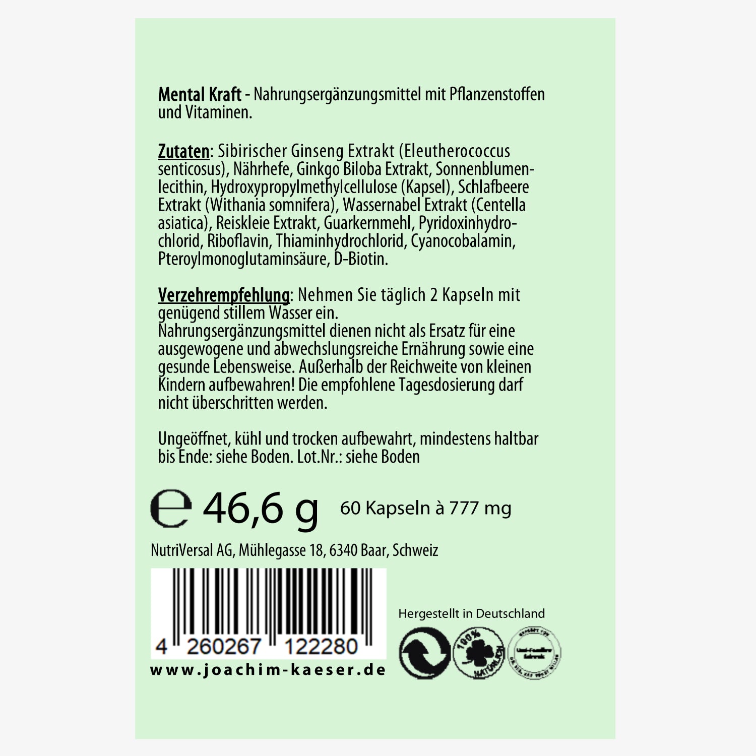 Etikett eines Nahrungsergänzungsmittels mit Zutatenliste und Verzehrempfehlung in deutscher Sprache, 60 Kapseln.