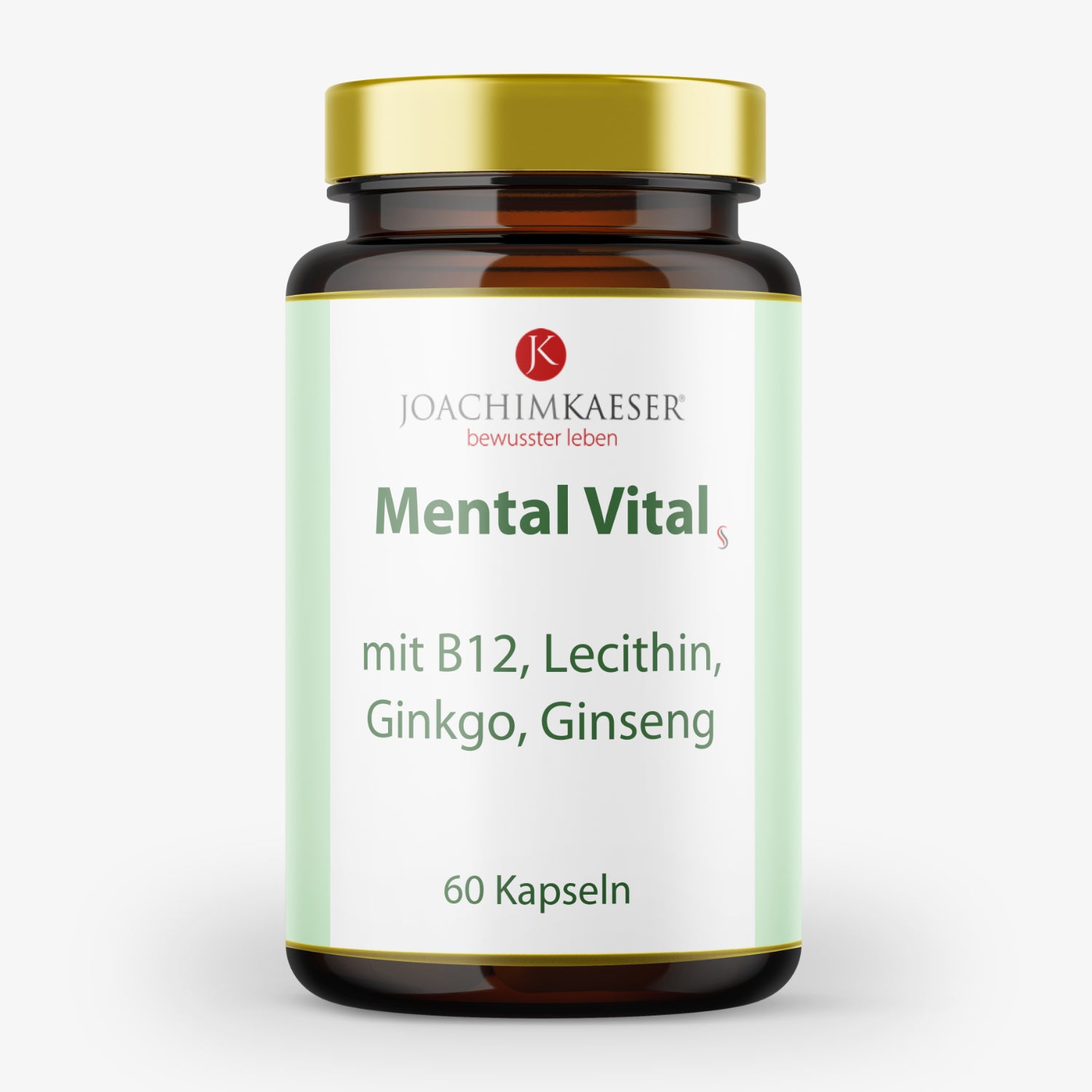Braunes Glas mit goldfarbenem Deckel, beschriftet mit "Mental Vital" und Inhaltsstoffen wie B12, Lecithin, Ginkgo, Ginseng.