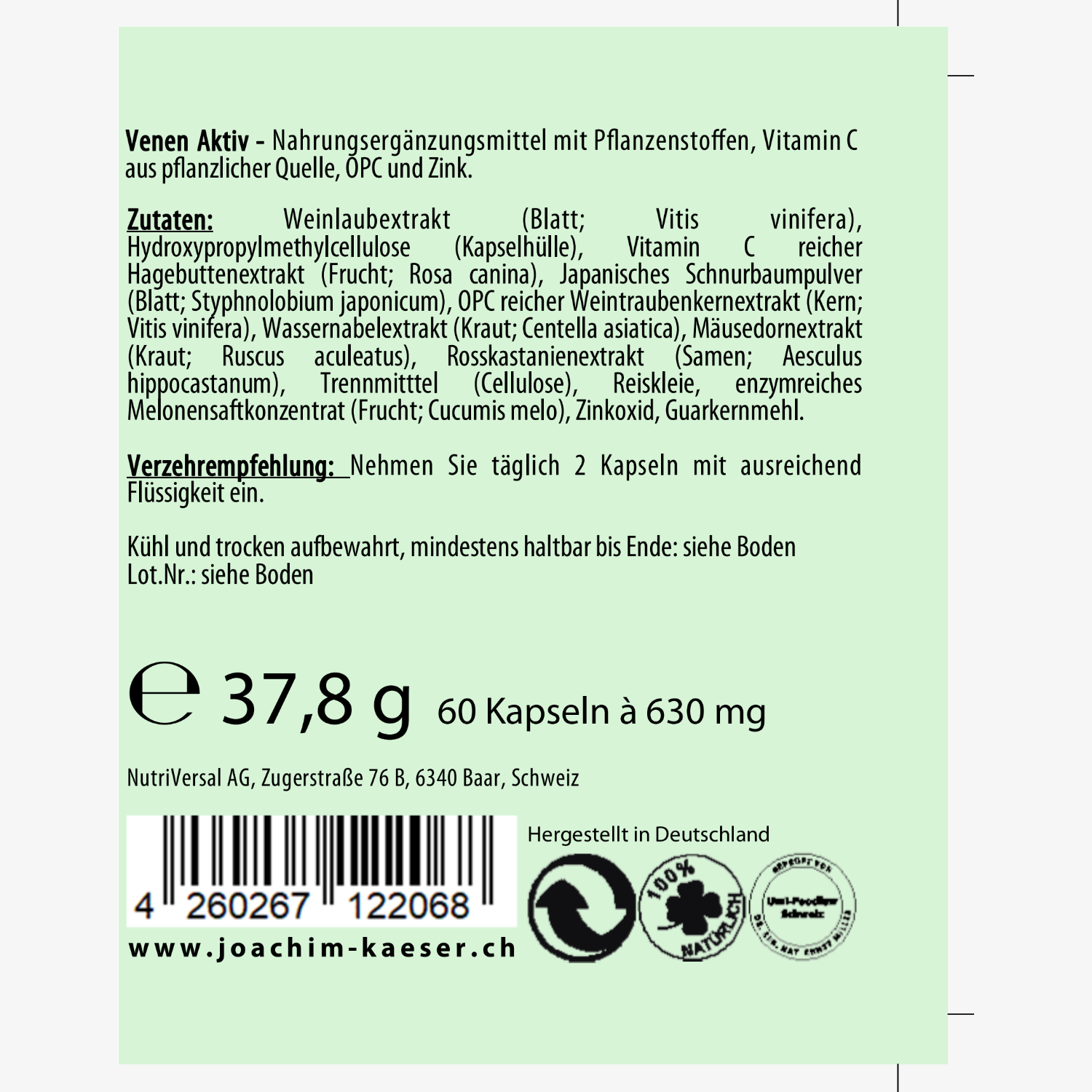 Etikett von Venen Aktiv Nahrungsergänzungsmittel mit Pflanzenstoffen, Vitamin C und Zink, 60 Kapseln à 630 mg.